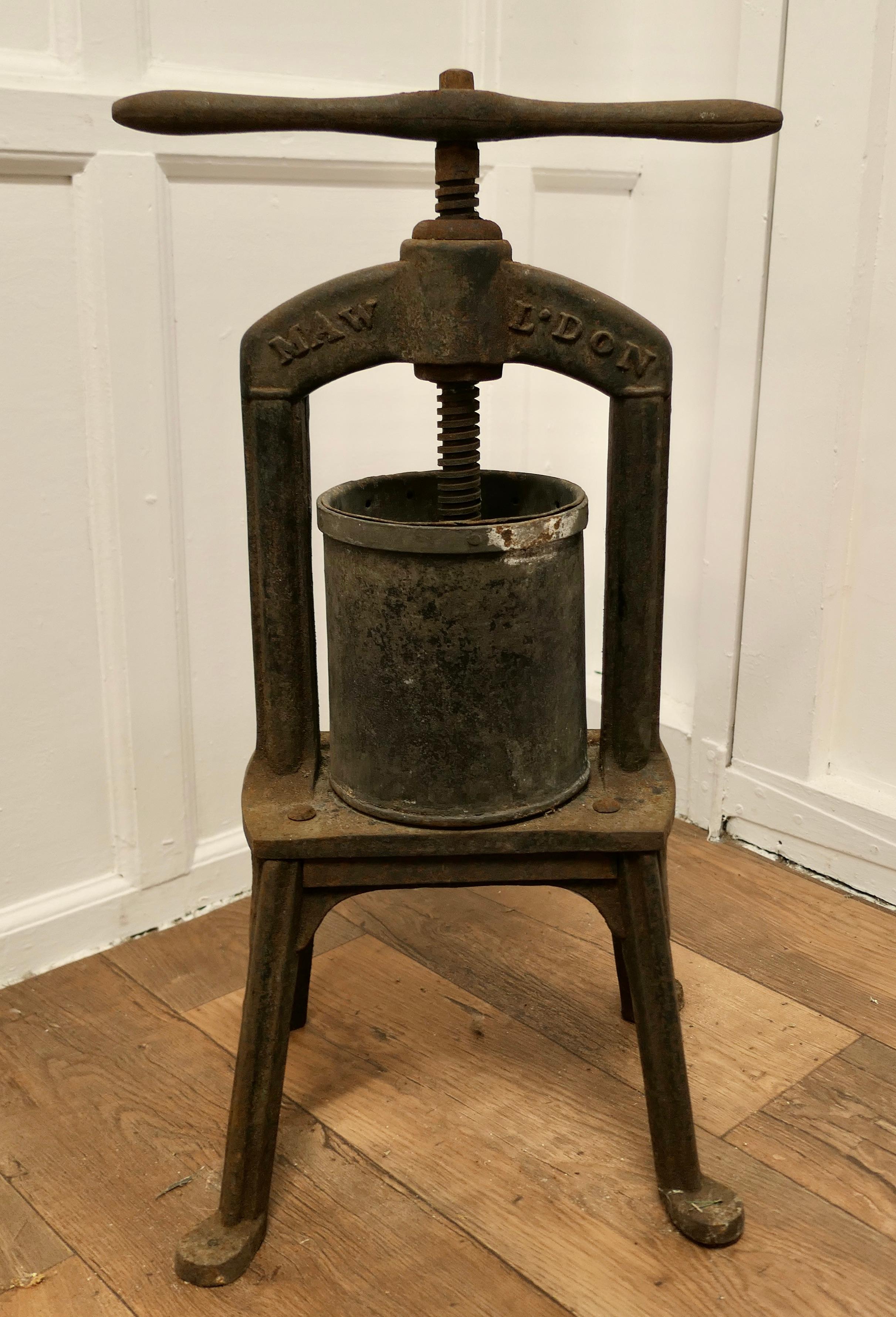 A Maw and Sons 19th Century Cast Iron Tincture Press 

This press dates from the 19th Century
The Tincture press was used for making extracts of herbs, vegetables or fruit in a hospital pharmacy 
It is very heavy and seems to be fully