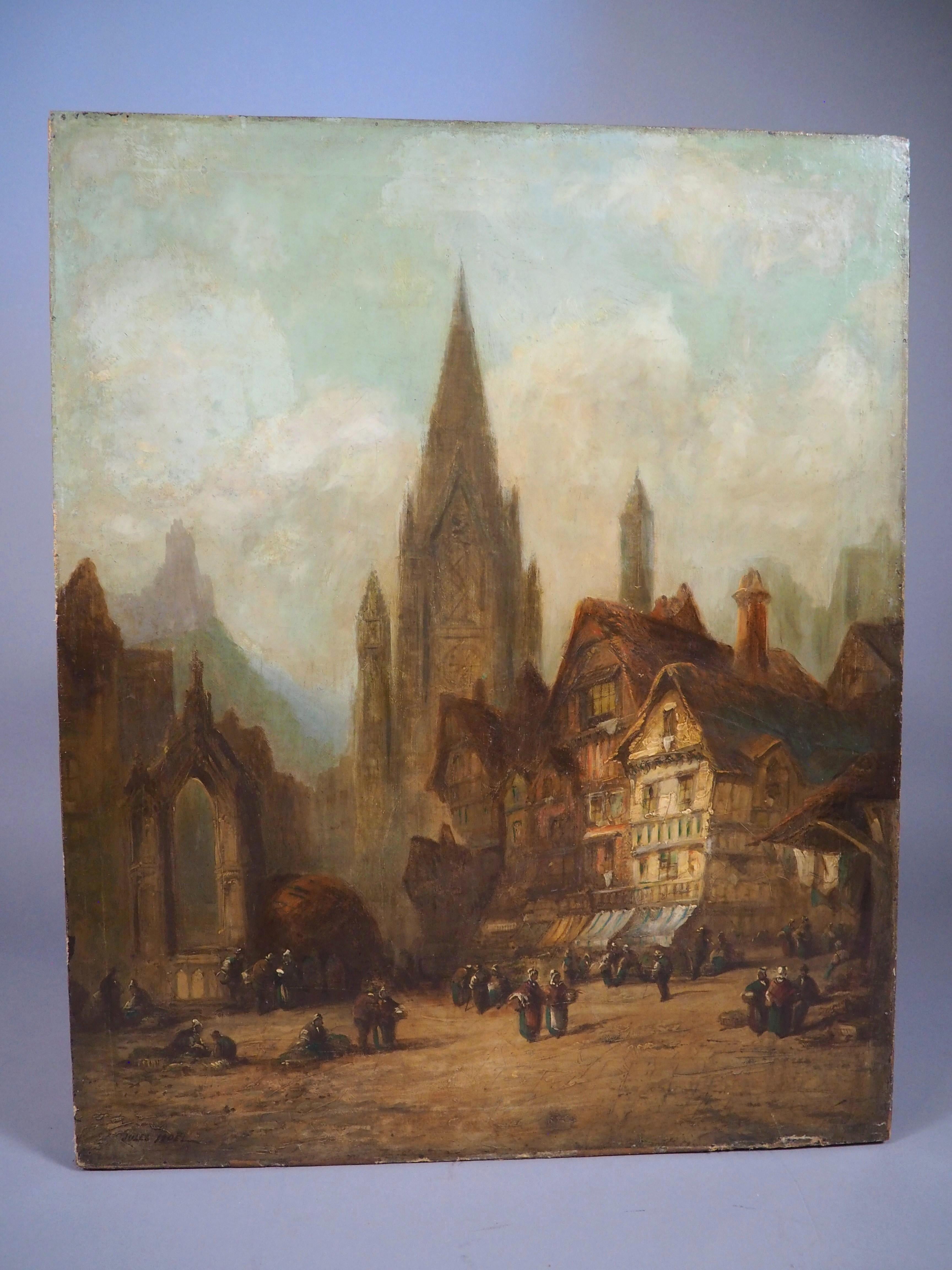 Mittelalterliche Stadtlandschaft, Ölgemälde von Jules Noel, CIRCA 1865 im Angebot 13