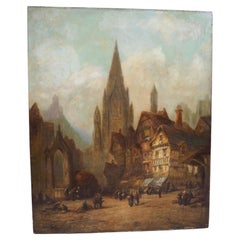 A Medieval Cityscape Oil Painting by Jules Noel, Circa 1865
