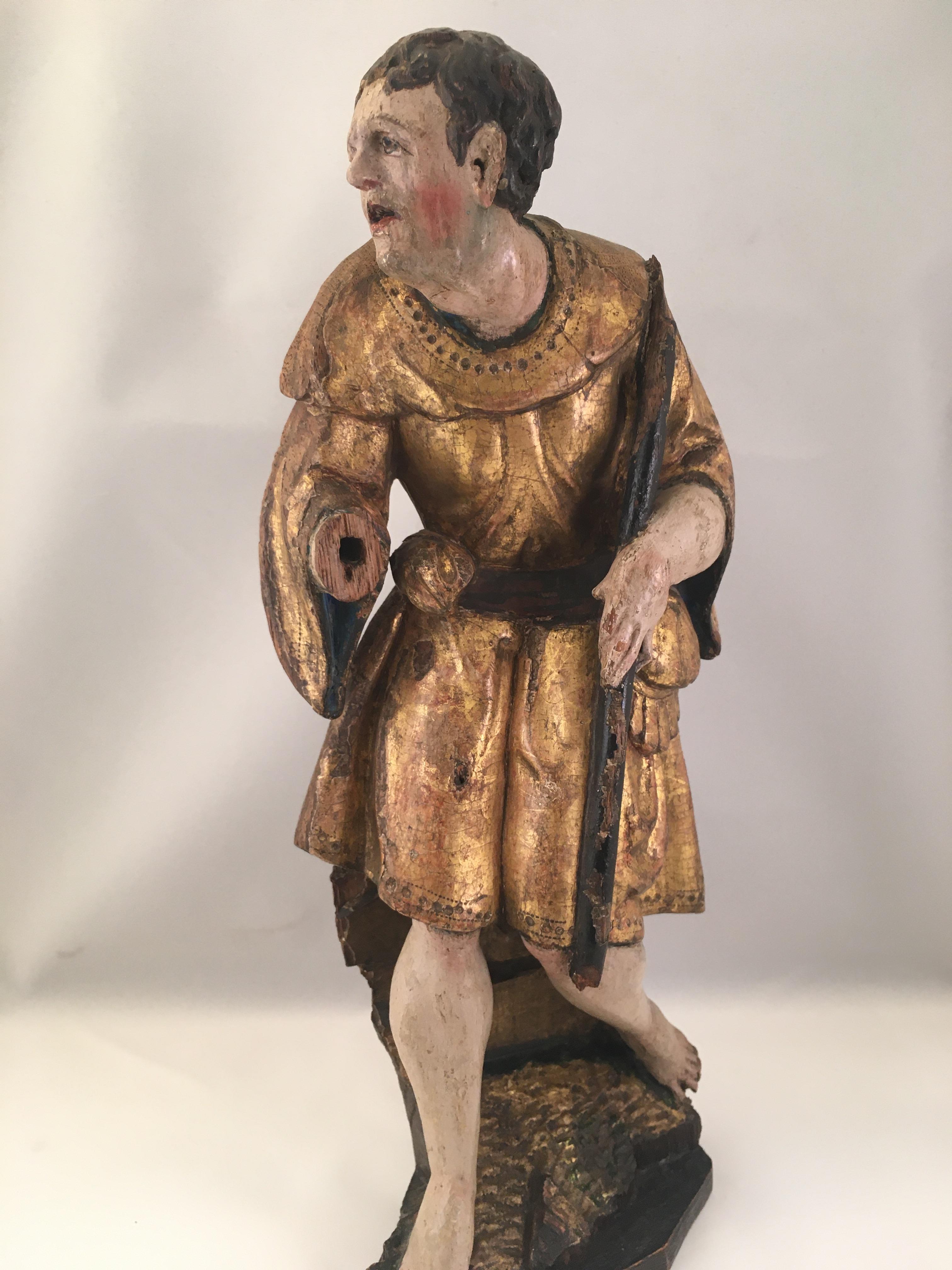 Polychromed Medieval Sculpture of a Shepherd, Part of a 16th Century Retable Piece For Sale