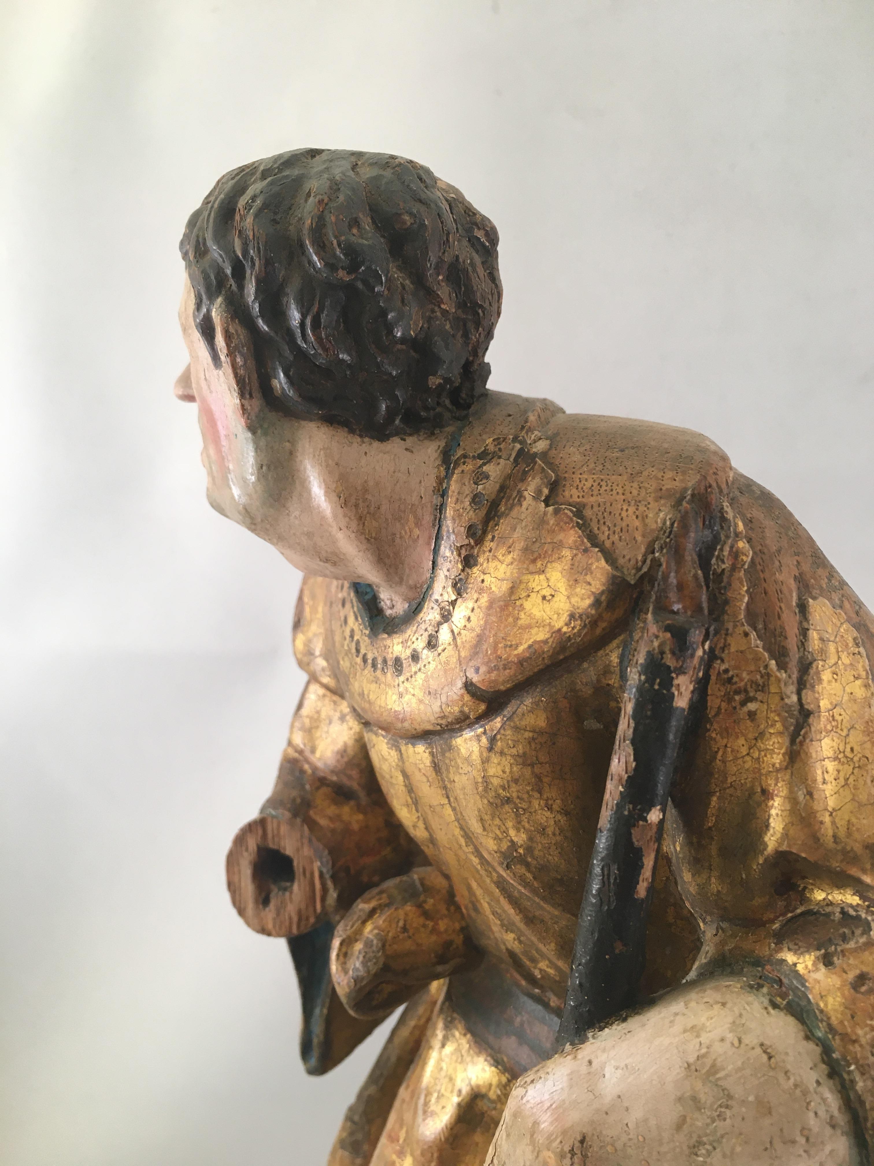 Wood Medieval Sculpture of a Shepherd, Part of a 16th Century Retable Piece For Sale