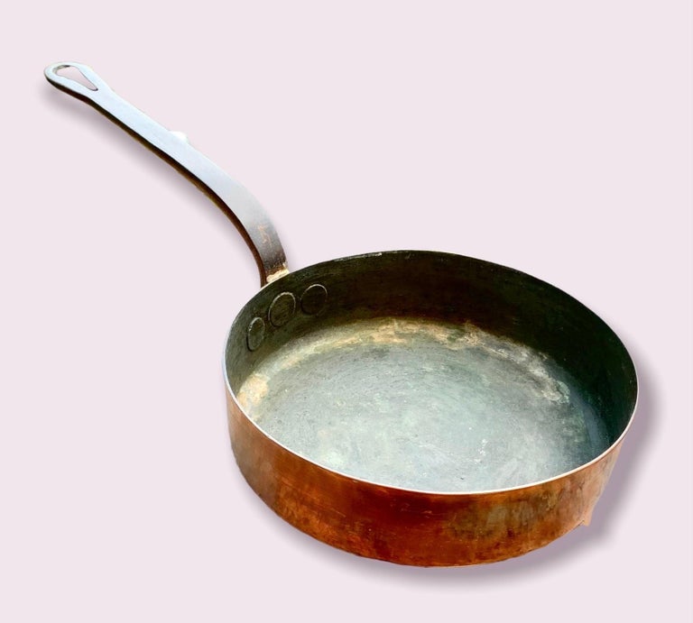 Medium Antique French Copper and Iron Casserole/ Saucepan For Sale at