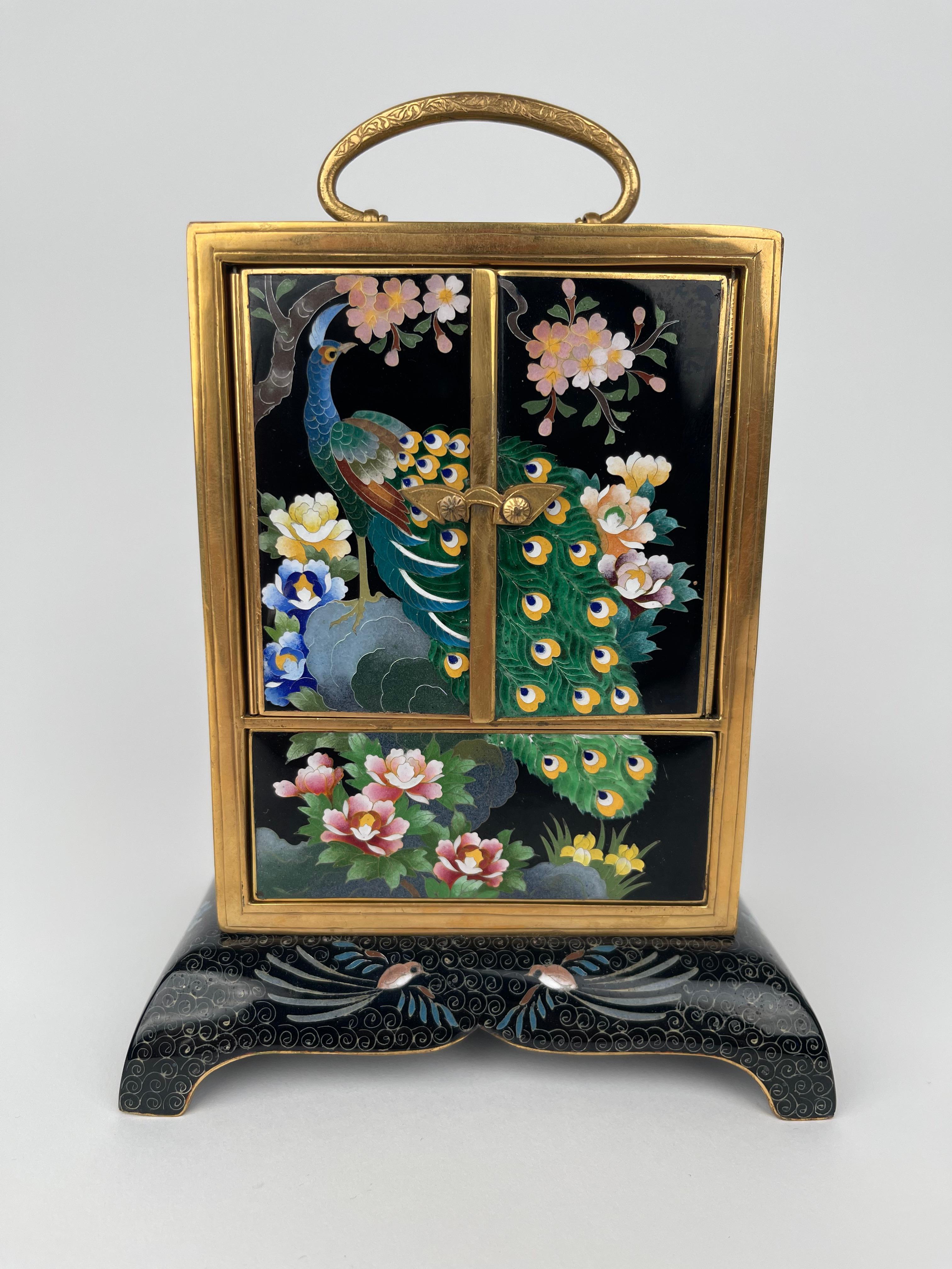 A Rare Meiji Gilt Bronze & Cloisonné Enamel Musical Jewelry Box.

 Japan, Circa 1900
________________________________________________
The Meiji era is an era of Japanese history that extended from October 23, 1868 to July 30, 1912. The Meiji era