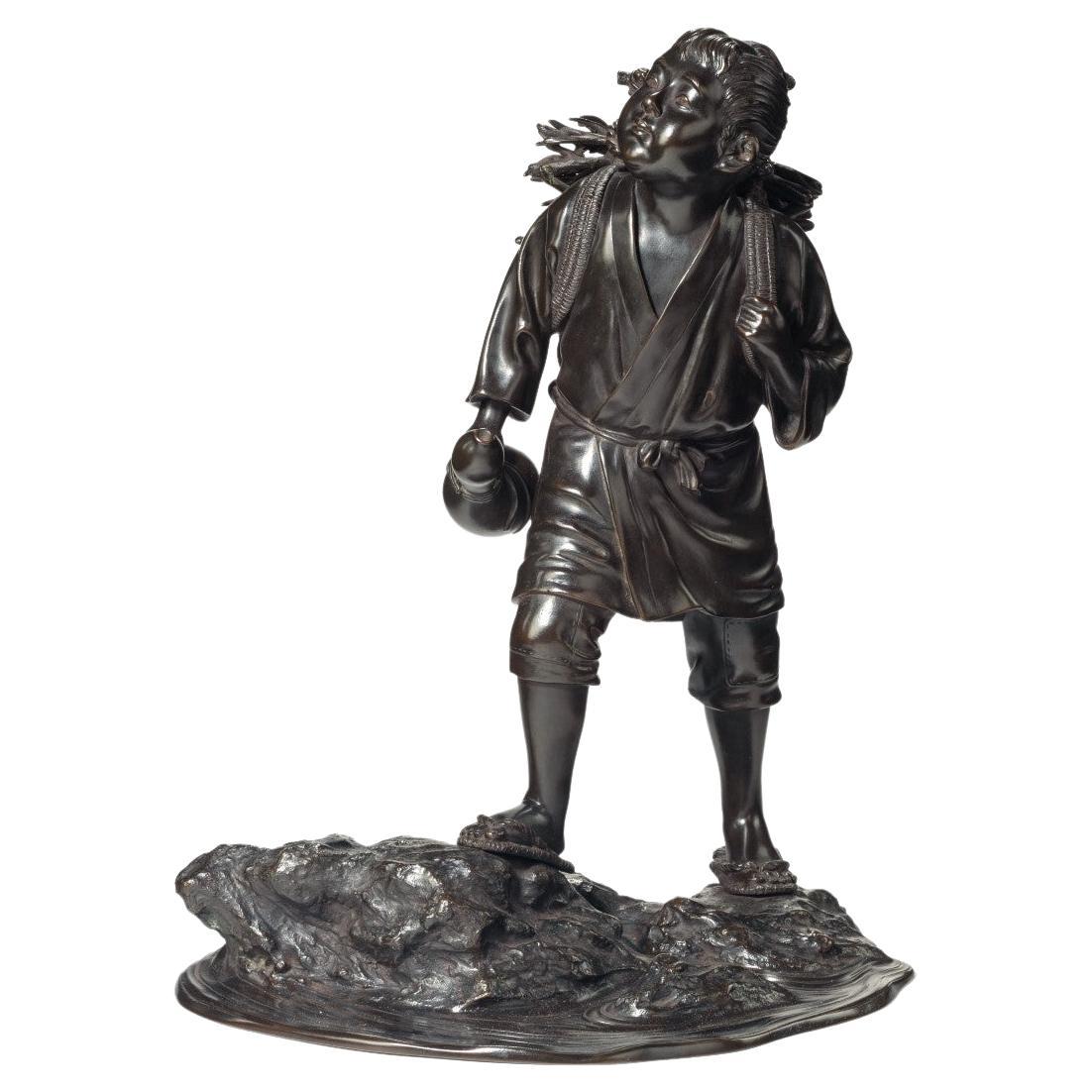 Meiji Period Bronze of a Boy Carrying Twigs For Sale