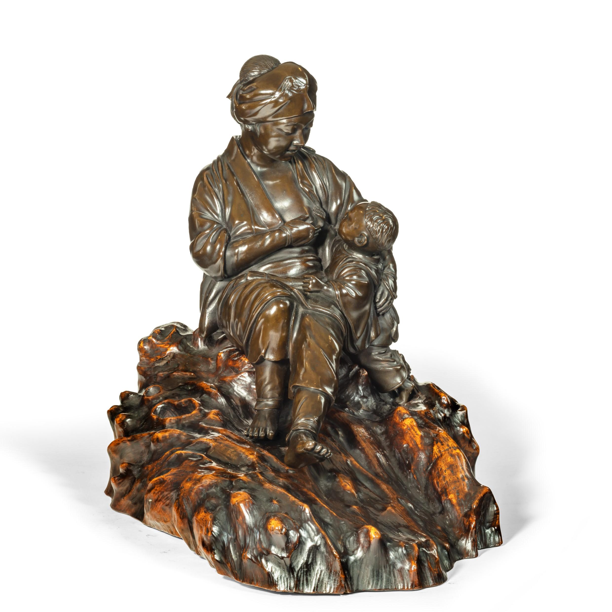 Bronzeskulptur von Mutter und Sohn aus der Meiji-Periode von Atsuyoshi im Angebot 6