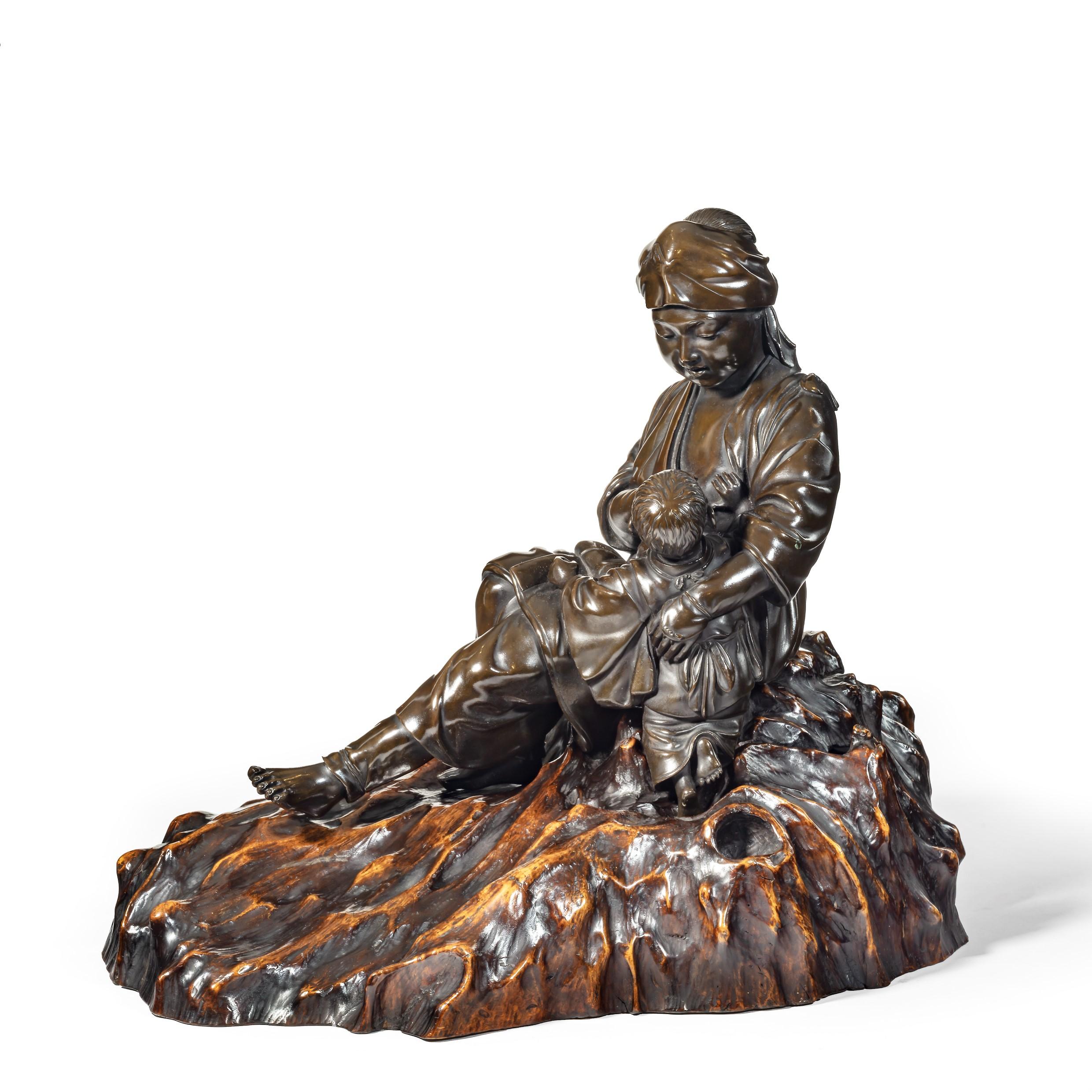 Bronzeskulptur von Mutter und Sohn aus der Meiji-Periode von Atsuyoshi im Angebot 7
