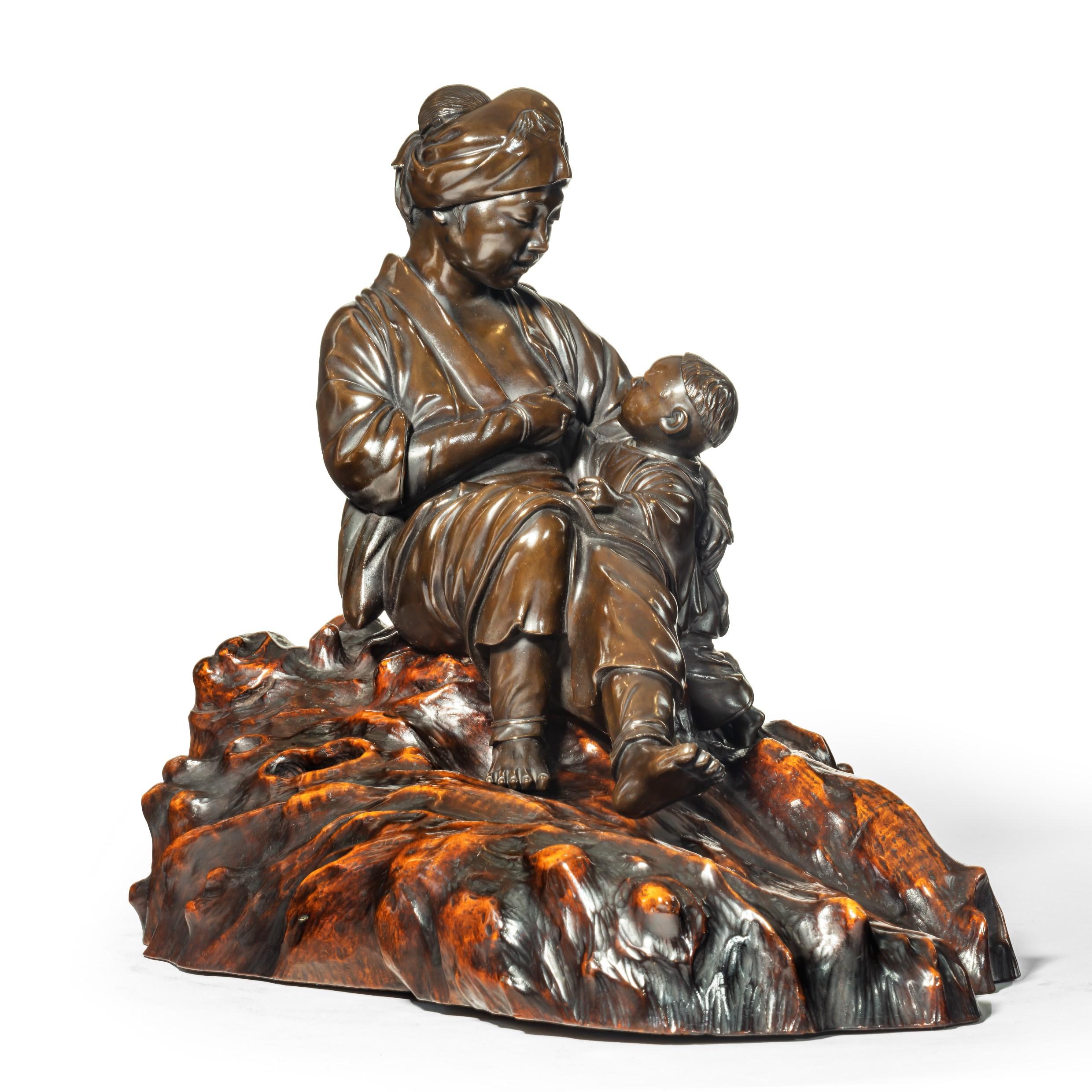 Bronzeskulptur von Mutter und Sohn aus der Meiji-Periode von Atsuyoshi (Spätes 19. Jahrhundert) im Angebot
