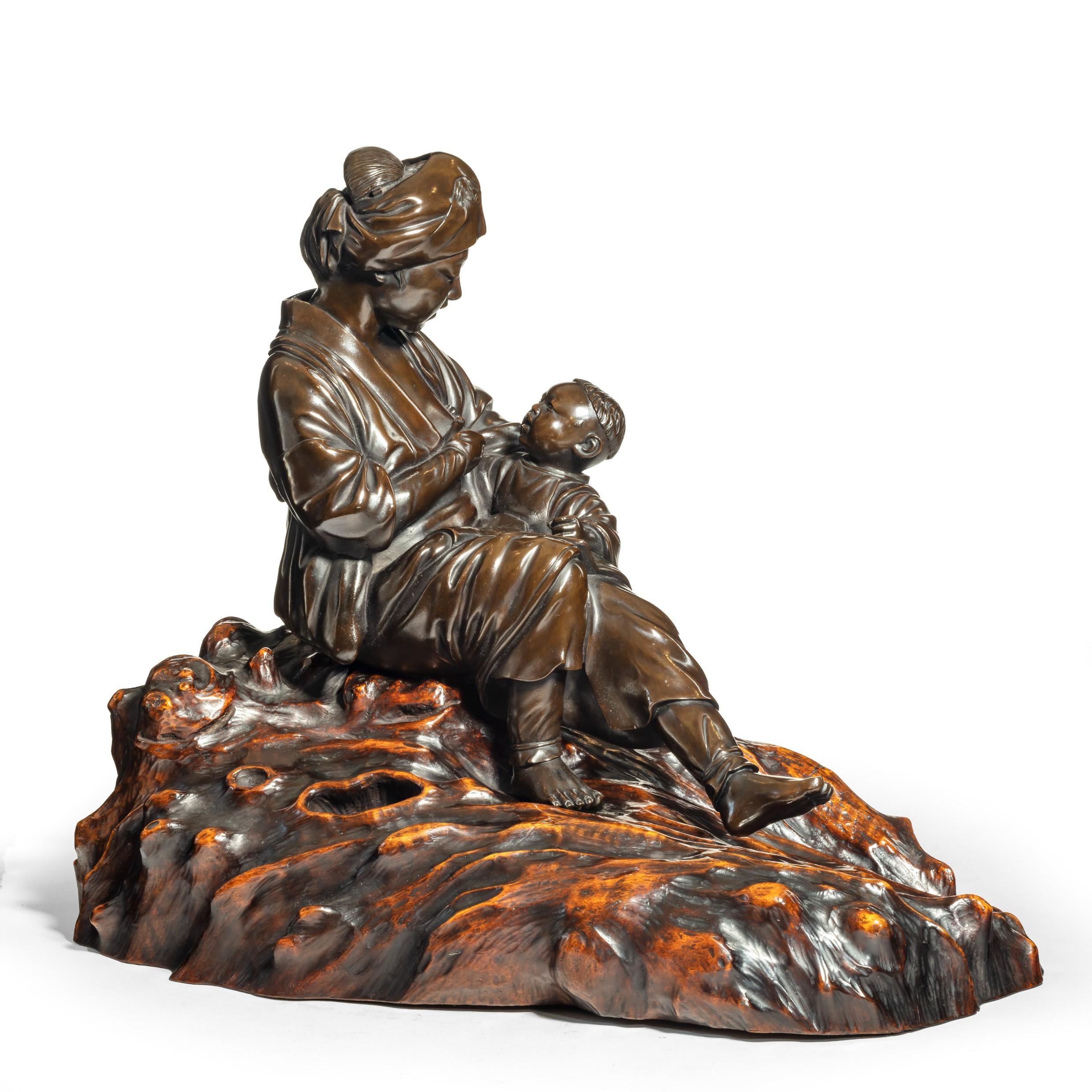 Bronzeskulptur von Mutter und Sohn aus der Meiji-Periode von Atsuyoshi im Angebot 3