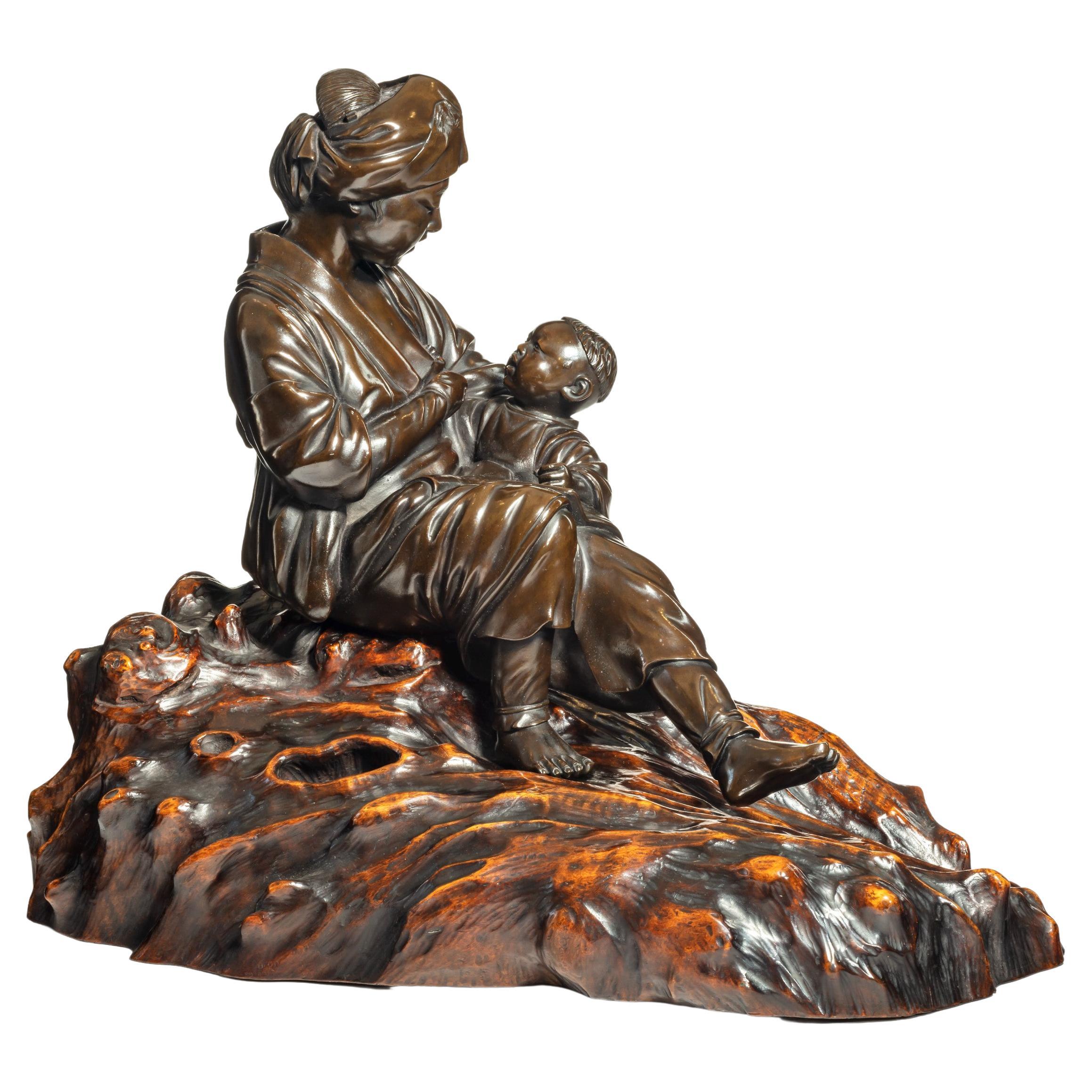 Meiji Period Bronze Sculpture of a Mother and Son by Atsuyoshi