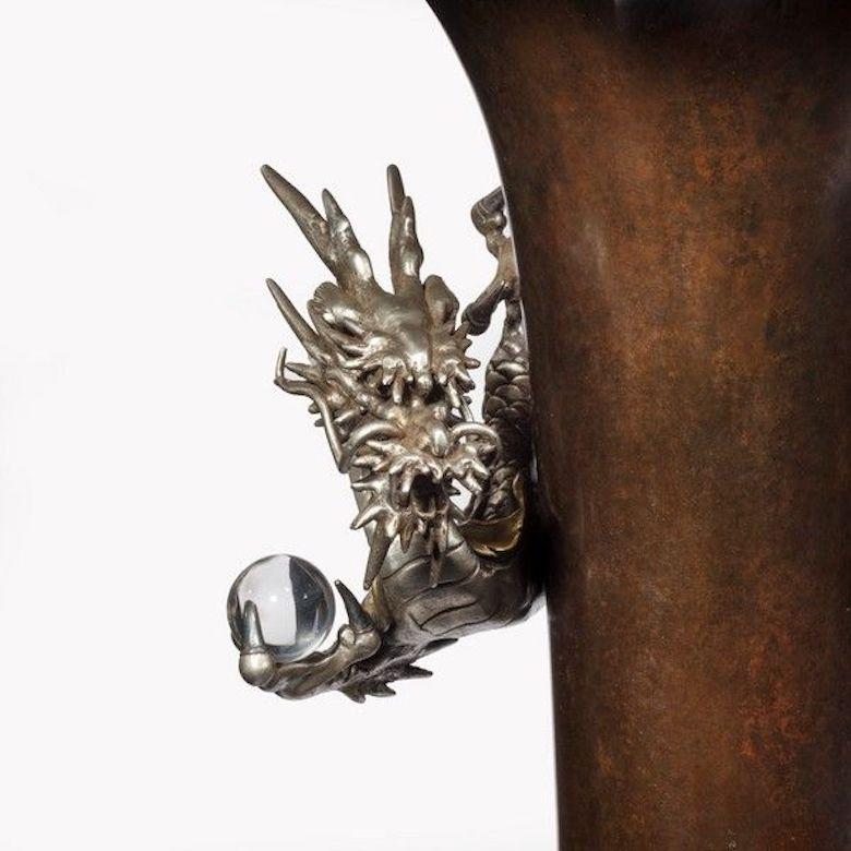 Japanese Meiji Period Bronze Trumpet Vase with a Dragon