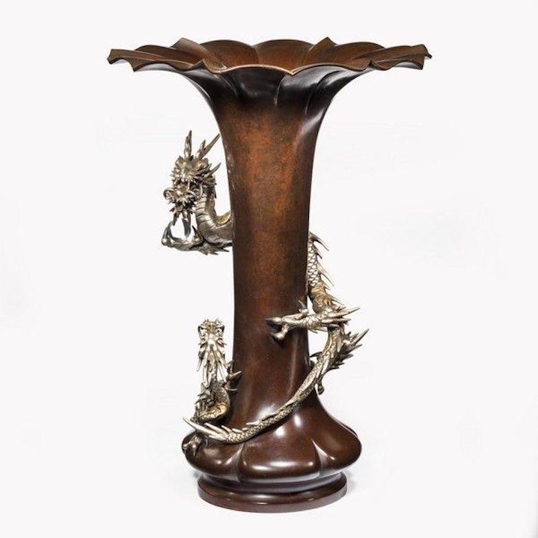 Late 19th Century Meiji Period Bronze Trumpet Vase with a Dragon