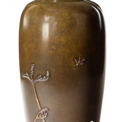 Meiji Period Bronze Vase with a Silvered Insect Japanese, 1880