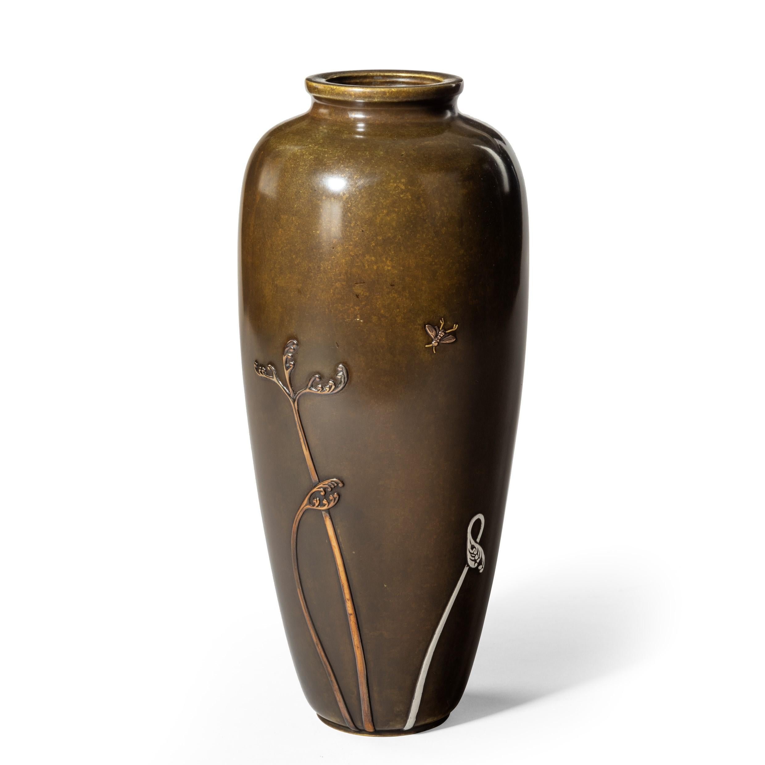 Meiji Period Bronze Vase with a Silvered Insect Japanese, 1880 In Good Condition In Lymington, Hampshire
