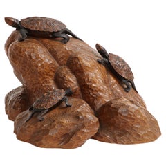 A Meiji Period Japanese Hand-Carved Wood Turtle or Tortoise Sculpture, signed