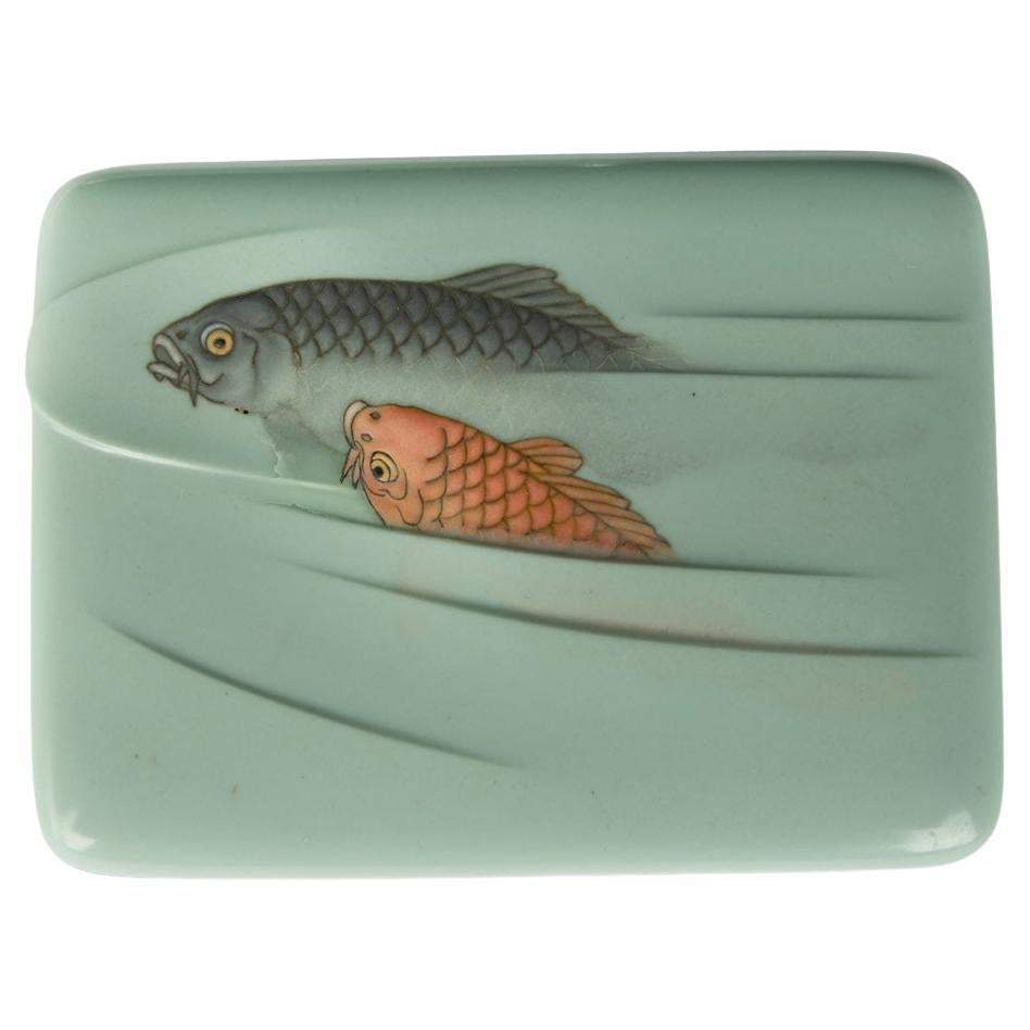 A Meiji period moriage cloisonné box and cover with two carp For Sale