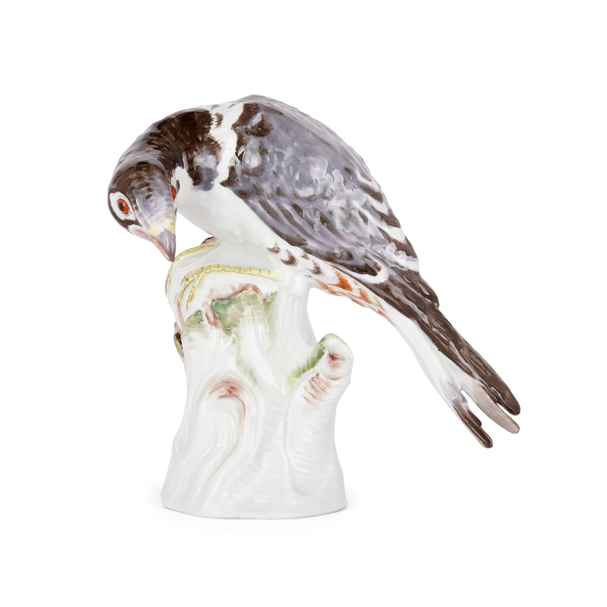 A Meissen porcelain bird model
German, late 19th century
Measures: height 15cm, width 15cm, depth 9cm

This elegant miniature, of a ptarmigan or similar species of bird, is a small and intricate porcelain model made by Meissen, the finest of all