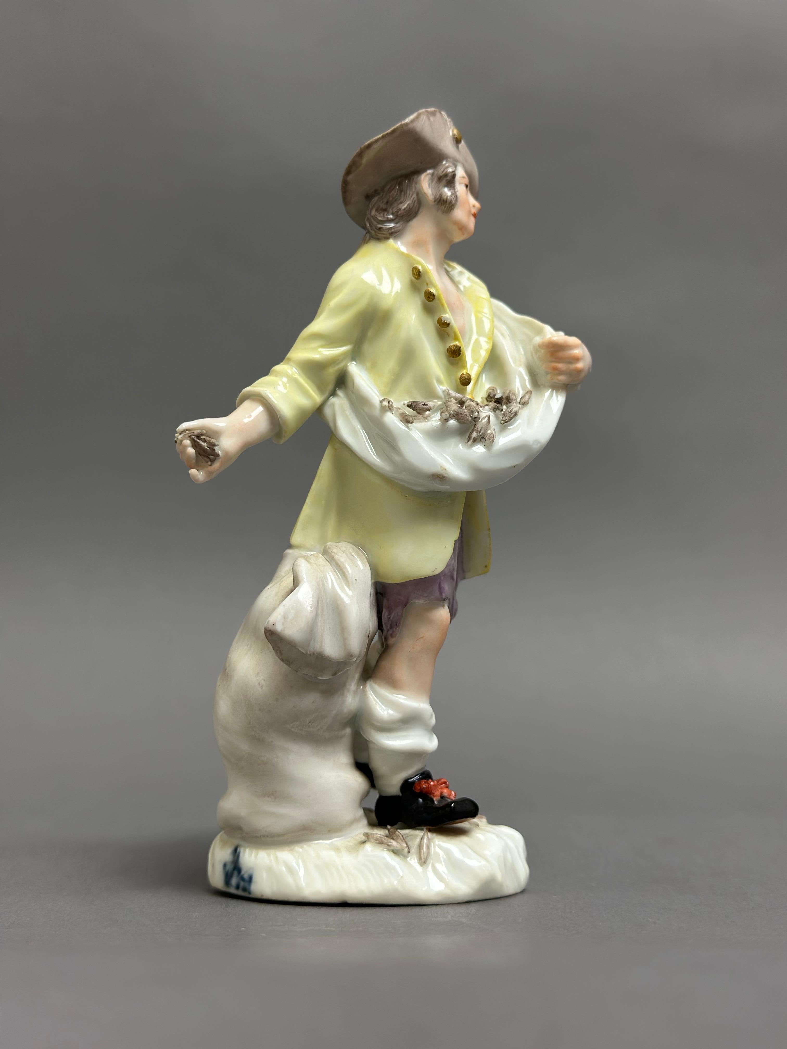 A rare Meissen porcelain figure of a sower.
circa 1745, modeled by P. Reinicke
Modeled with a bag of seeds over his shoulder, throwing a handful to the ground
circa 12 cm high

The figurine is in very good condition, left leg has been glued.