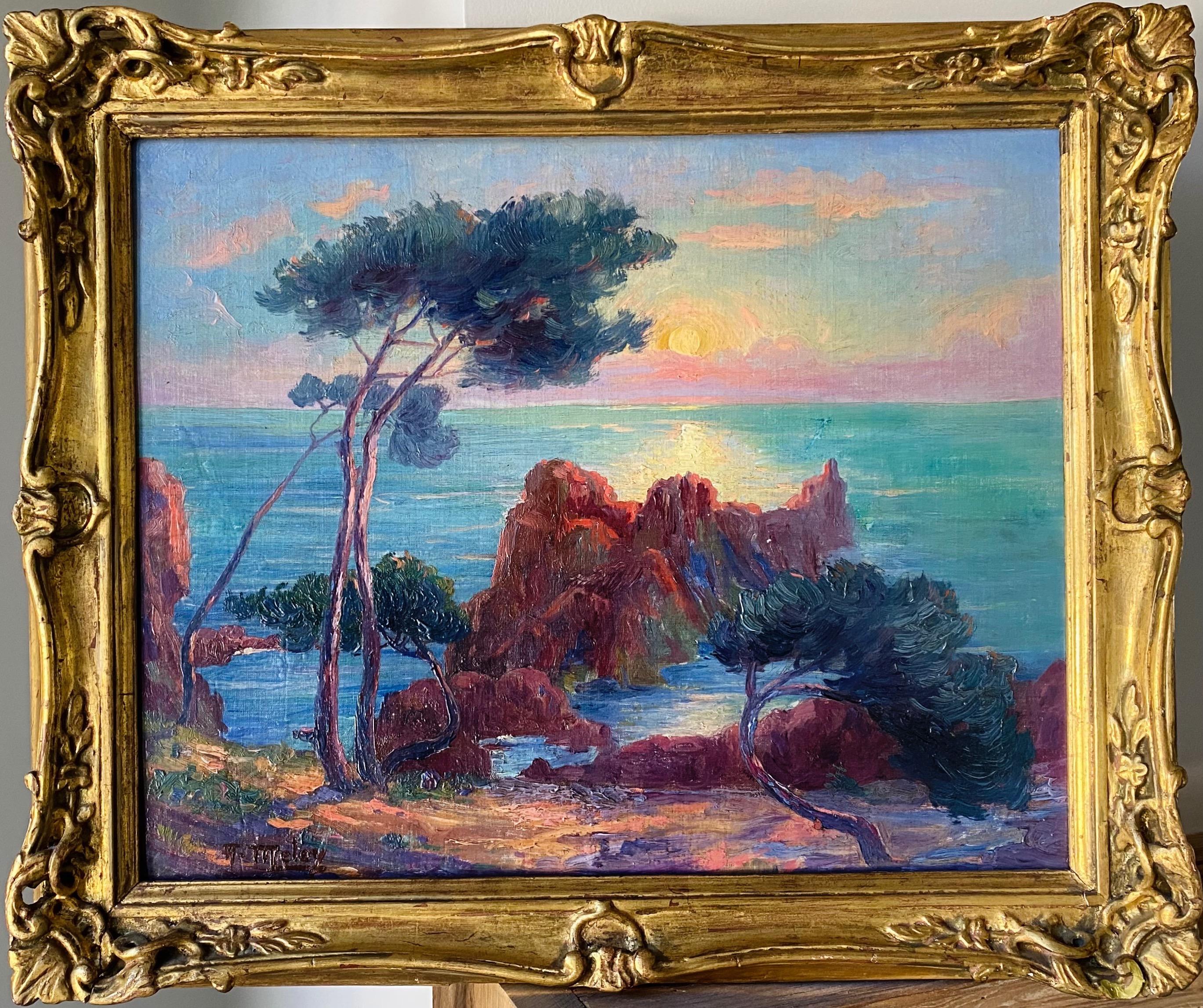 A. Meley Landscape Painting - French Post Impressionist Sunset Seascape Sea Mediterranean Coast Monet