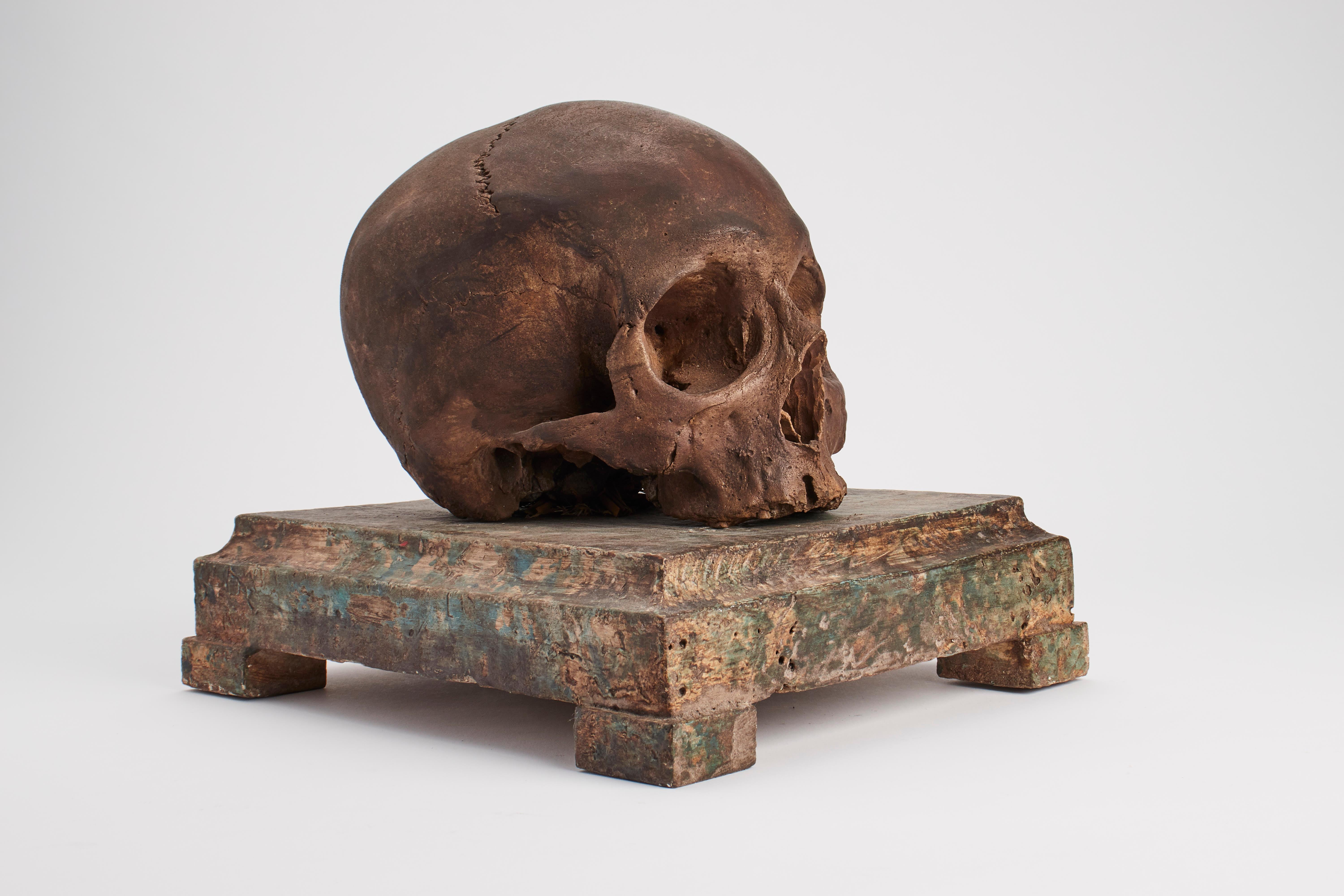 Painted plaster memento mori skull over a painted wooden base, Italy, circa 1870.