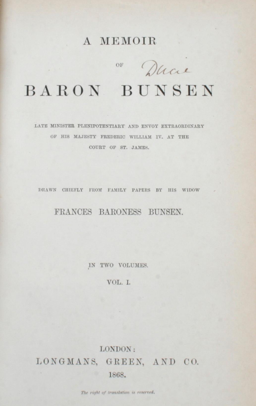 Anglais Mémoire du baron Bunsen par Frances Baroness Bunsen, première édition, 1868 en vente