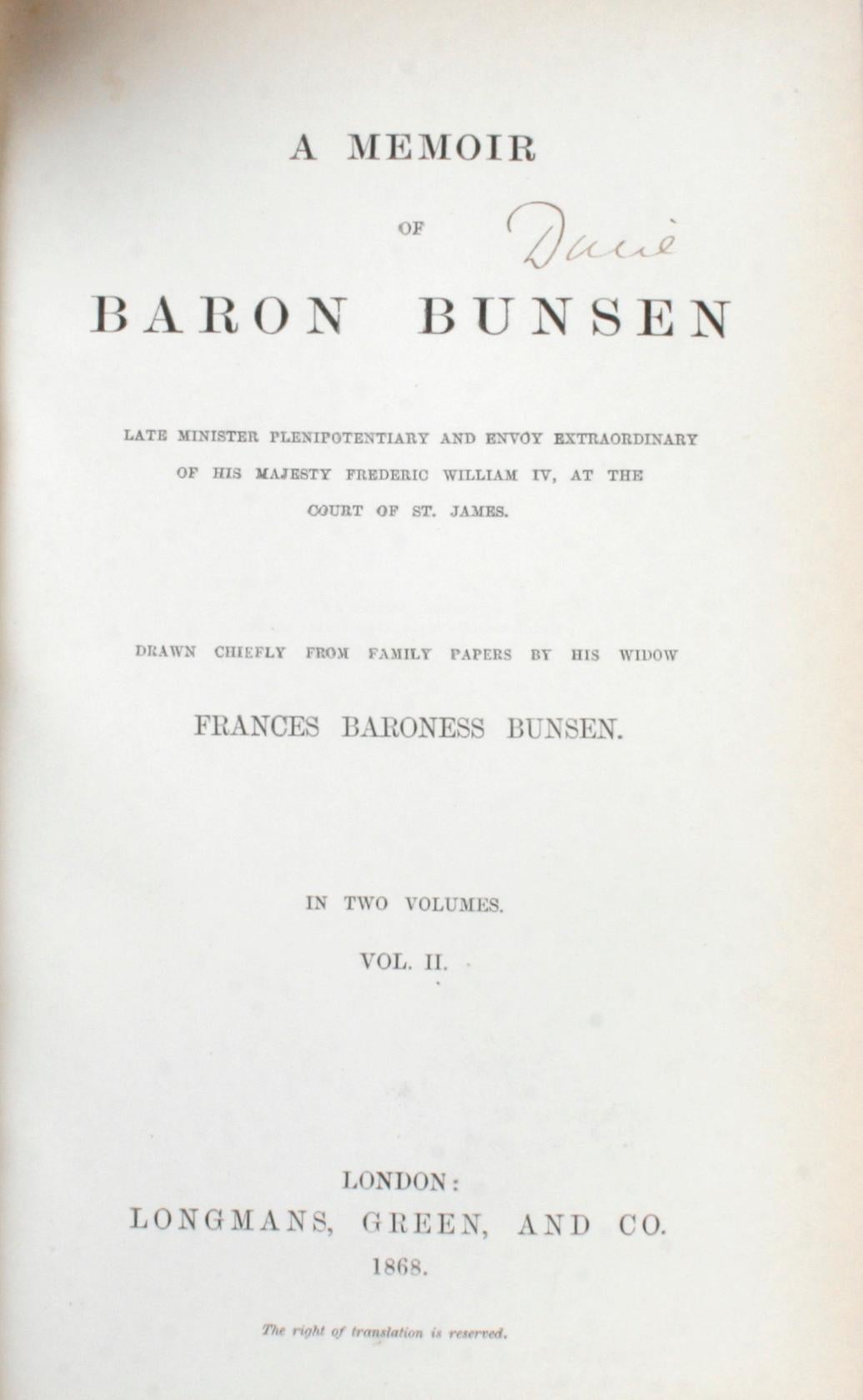 XIXe siècle Mémoire du baron Bunsen par Frances Baroness Bunsen, première édition, 1868 en vente