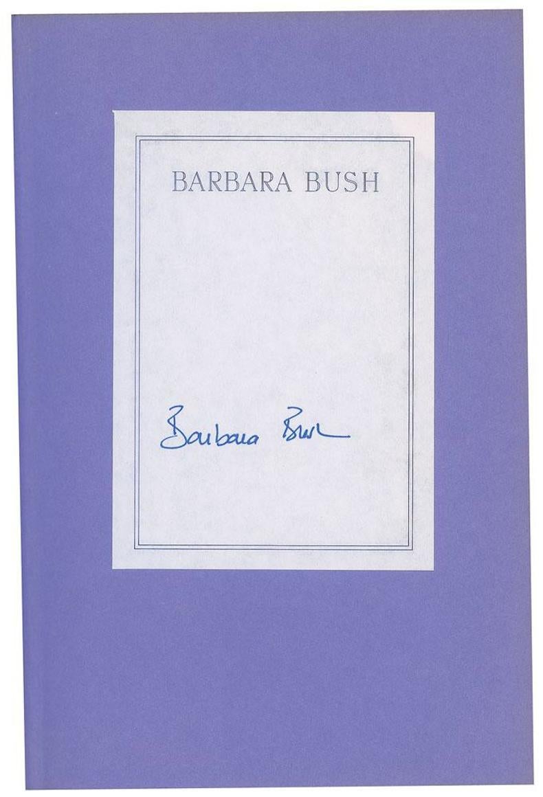 Bush, Barbara. A Memoir: Barbara Bush. New York: Lisa Drew Books/Scribner, 1994. Signed by Barbara, in original dust jacket.

This signed copy of Barbara Bush’s memoirs was published in 1994 by Lisa Drew Books/Scribner. The book was published by