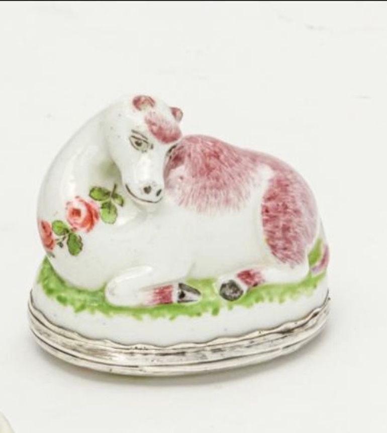 Hand-Painted A Mennecy Silver Mounted Soft Paste Porcelain Snuff Box of a Dromedary For Sale
