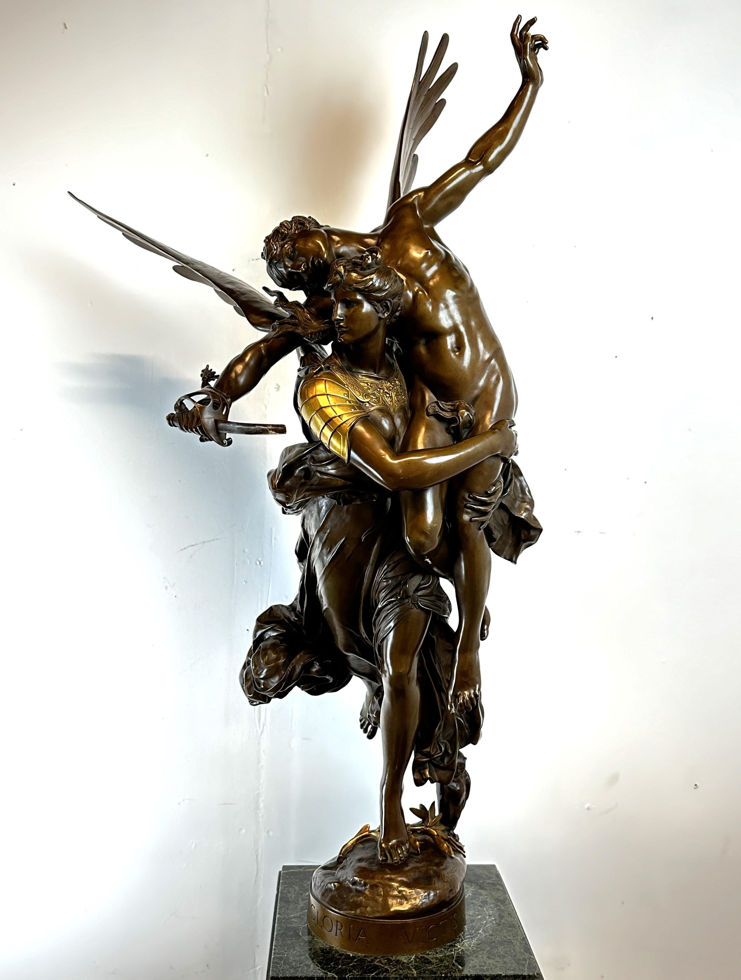 A stunning and highly sought after patinated bronze figure with an allegorical theme, titled 