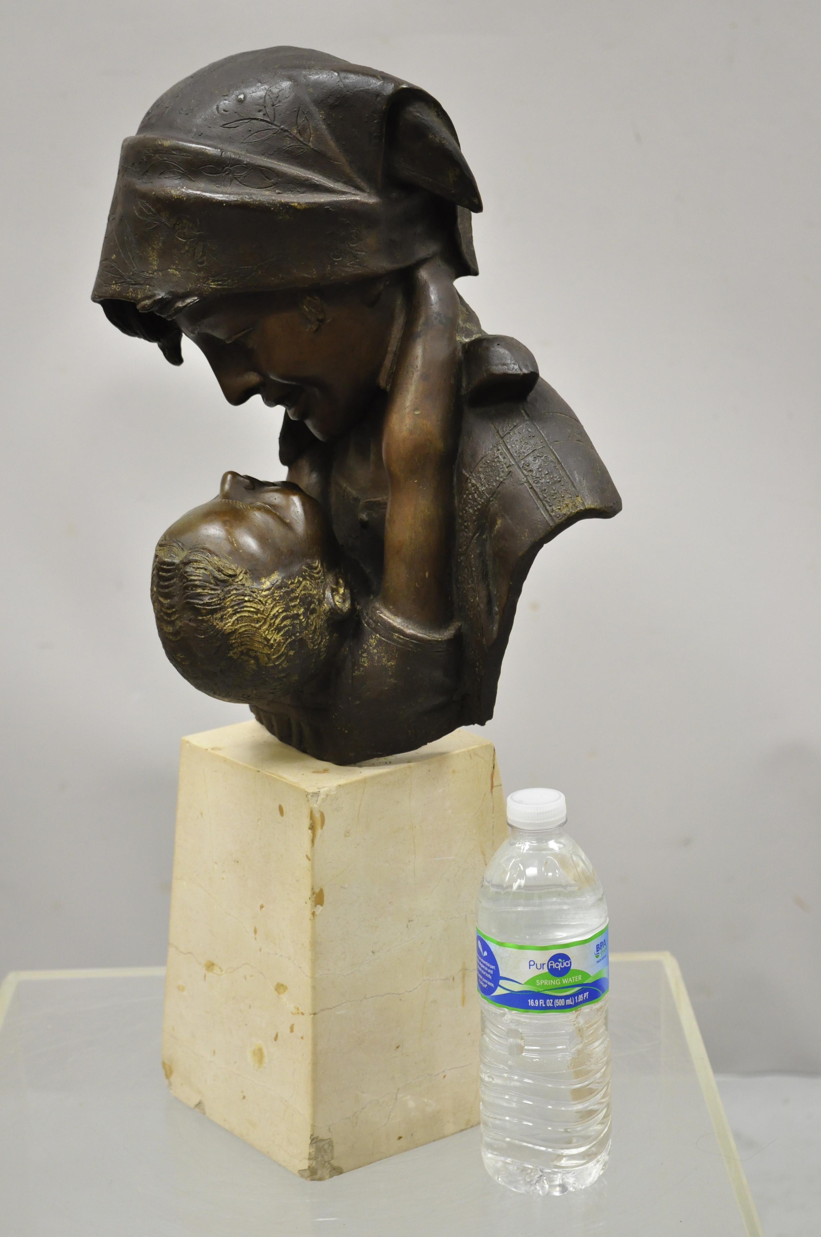 A. Merente Maternita Spelter Metal Travertine Bronze Mother Child Bust Sculpture For Sale 4