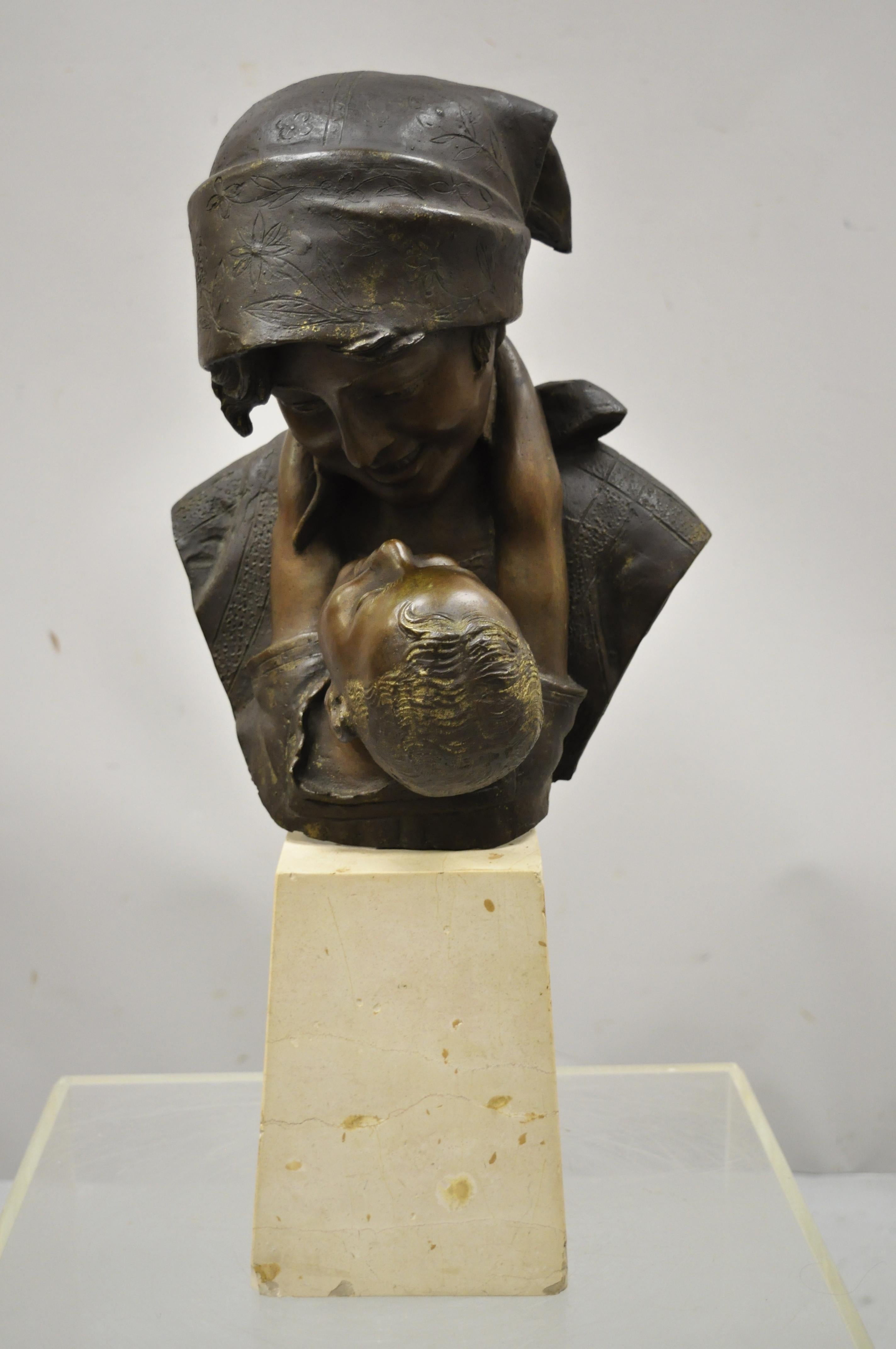 A. Merente Maternita Spelter Metal Travertine Bronze Mother Child Bust Sculpture For Sale 6