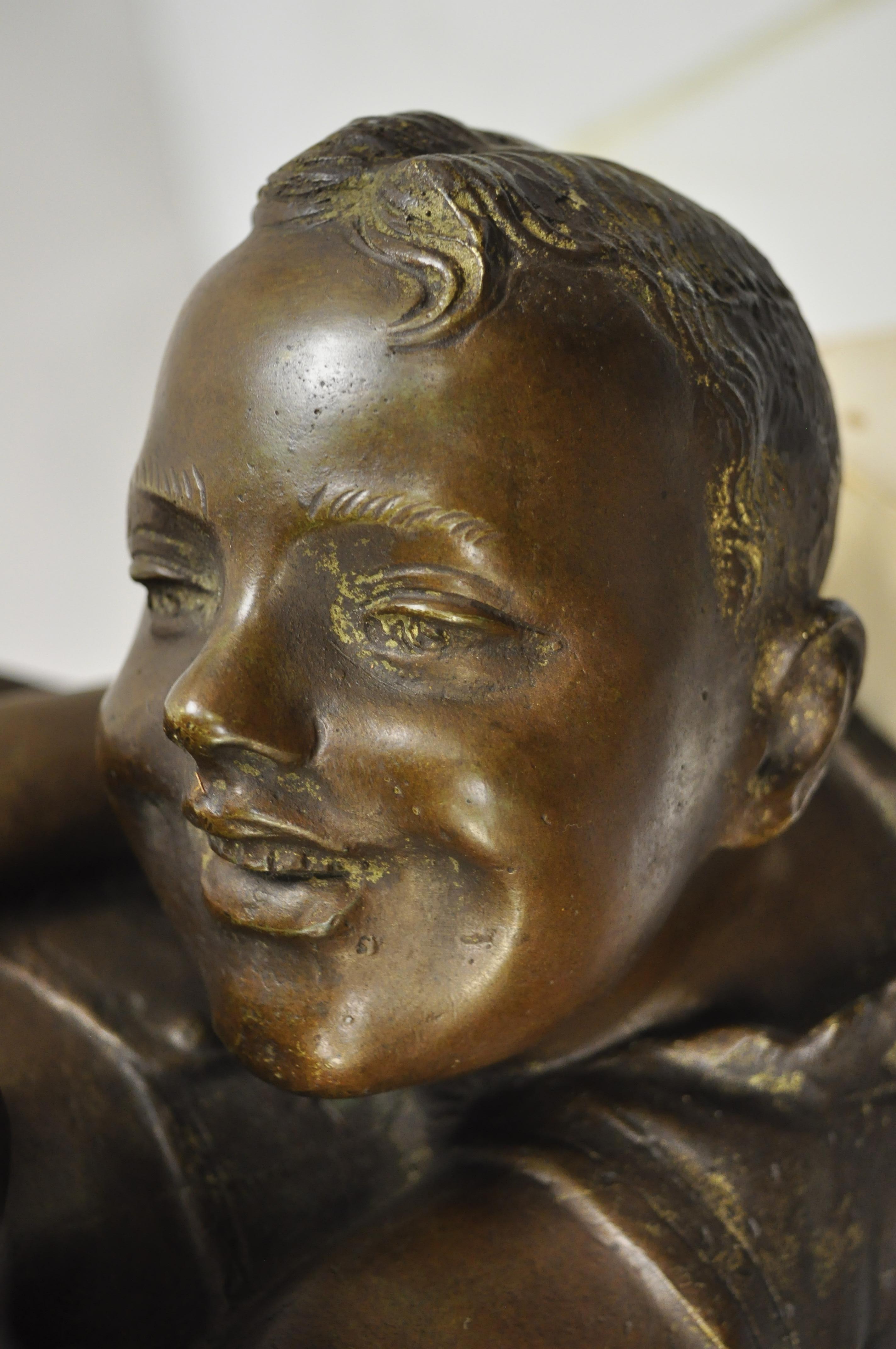 Italian A. Merente Maternita Spelter Metal Travertine Bronze Mother Child Bust Sculpture For Sale