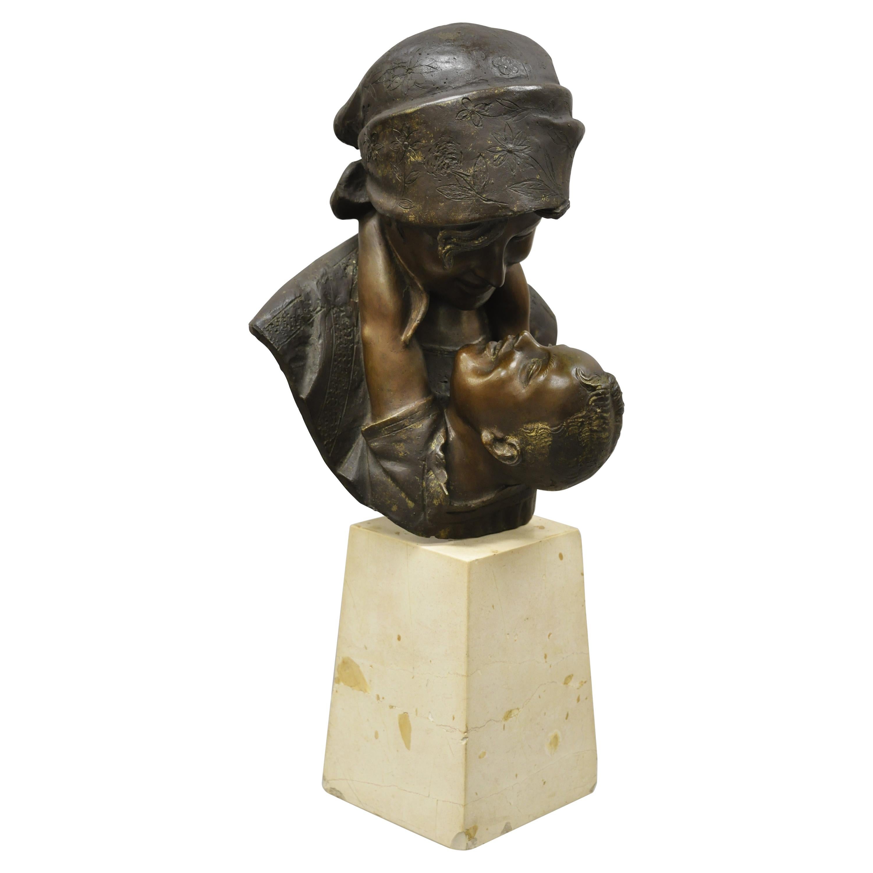 A. Merente Maternita Spelter Metal Travertine Bronze Mother Child Bust Sculpture For Sale