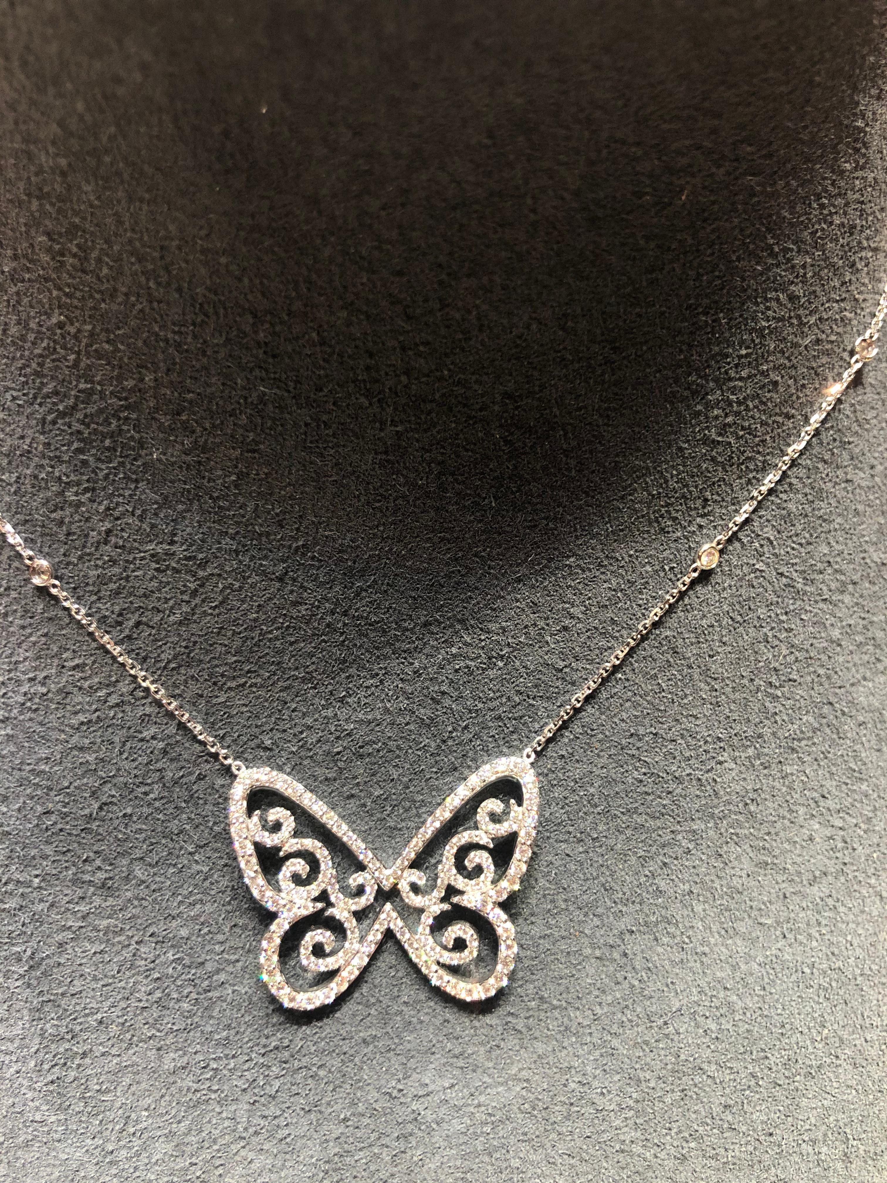 A beautiful diamond Butterfly 'Arabesque' necklace made in 18K White Gold set with White Diamonds weighing 0.83cts, Handcrafted by the Paris design house, Messika, this lovely diamond necklace is in perfect condition and has never been worn.  The