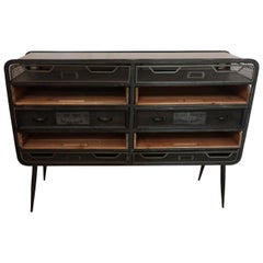 Retro Metal, Wood and Top Glass Industrial Midcentury English Commode, England, 1960