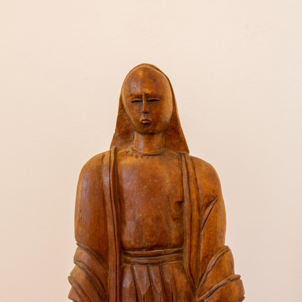 Walnut Mexican Carved Wooden Figure of an Evangelical Woman, 1920s