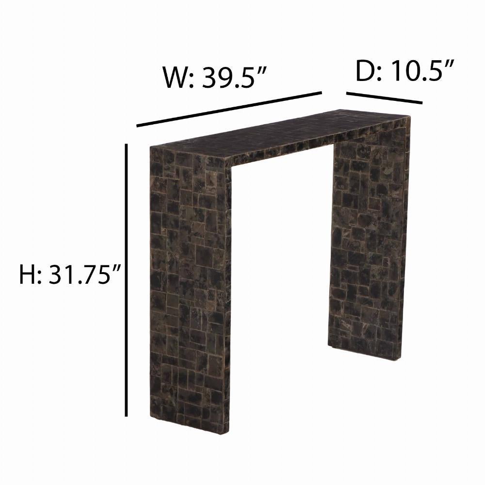 Cette table élégante et simple présente une belle surface de marqueterie en cascade de Mica avec des nuances de noir, de brun et de bronze. 