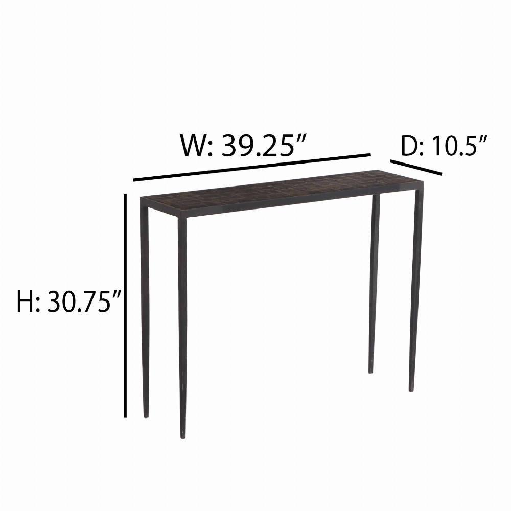 This elegant iron console table has a patchwork mica covered top supported by slender tapering wrought iron legs. Perfect for an entryway or behind a sofa.