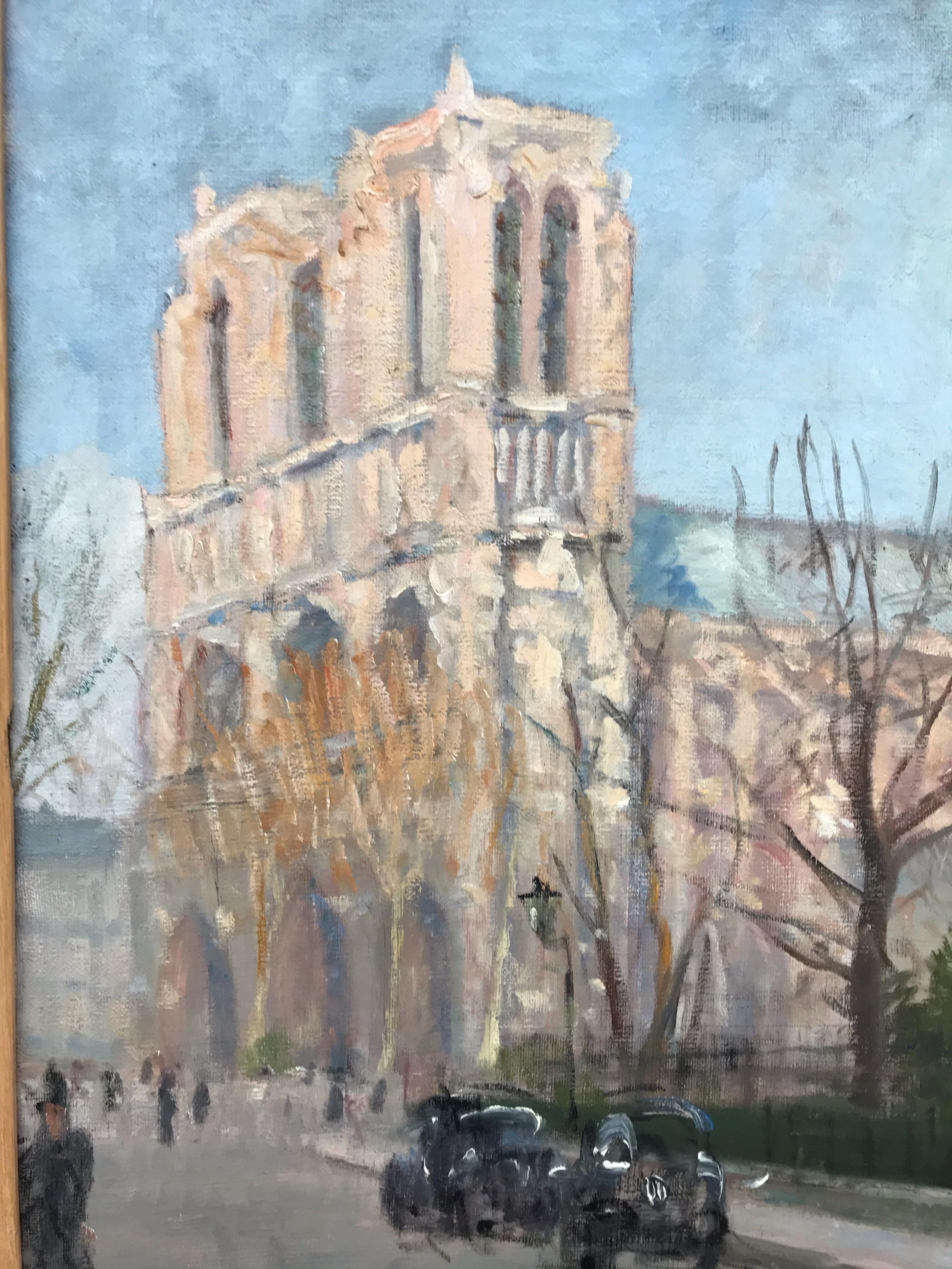 Notre Dame de Paris - Banques de la rivière Seine vers 1935 - Post-impressionnisme Painting par A. MICHEL