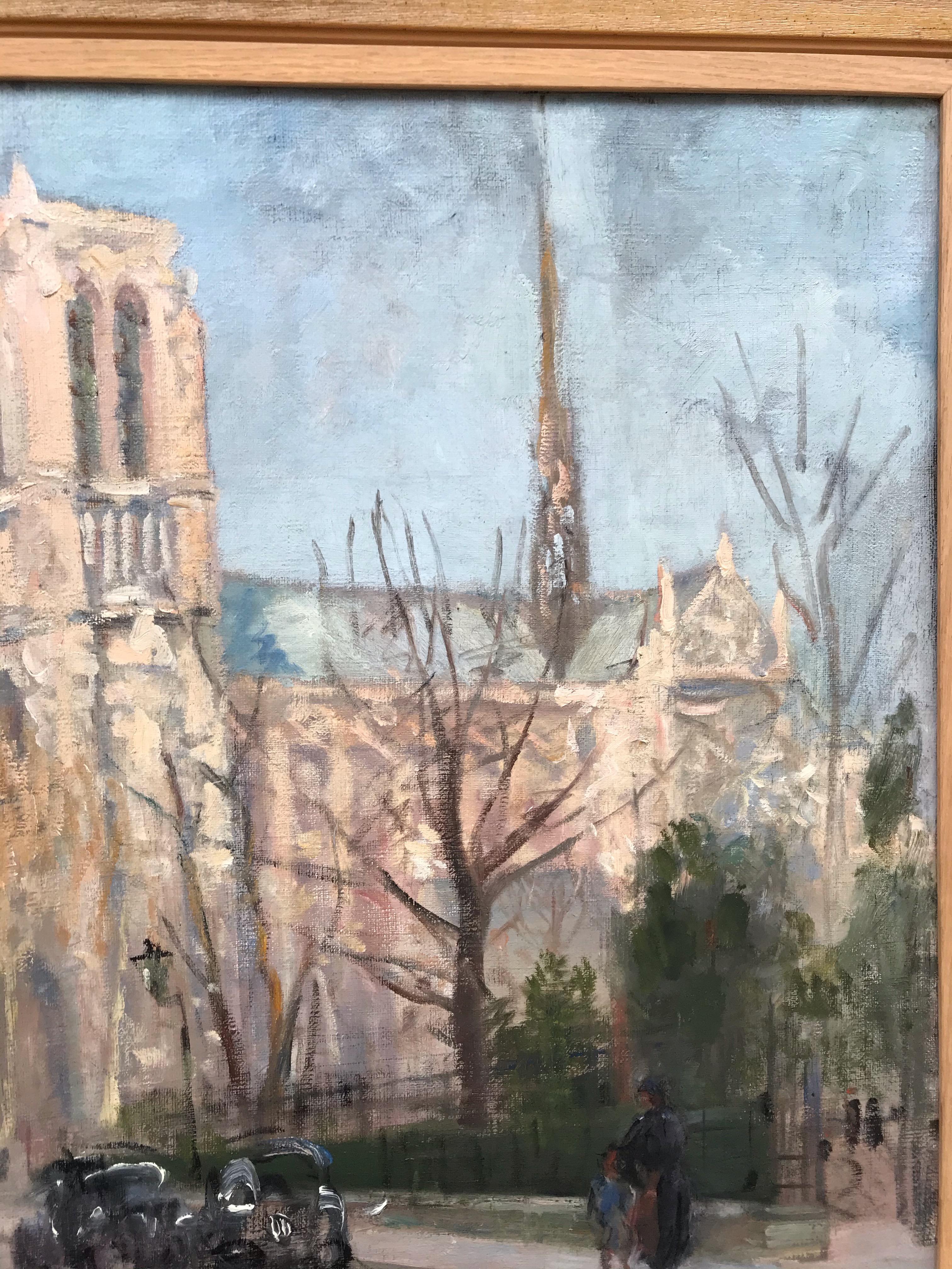 Notre Dame de Paris - Banques de la rivière Seine vers 1935 - Gris Landscape Painting par A. MICHEL