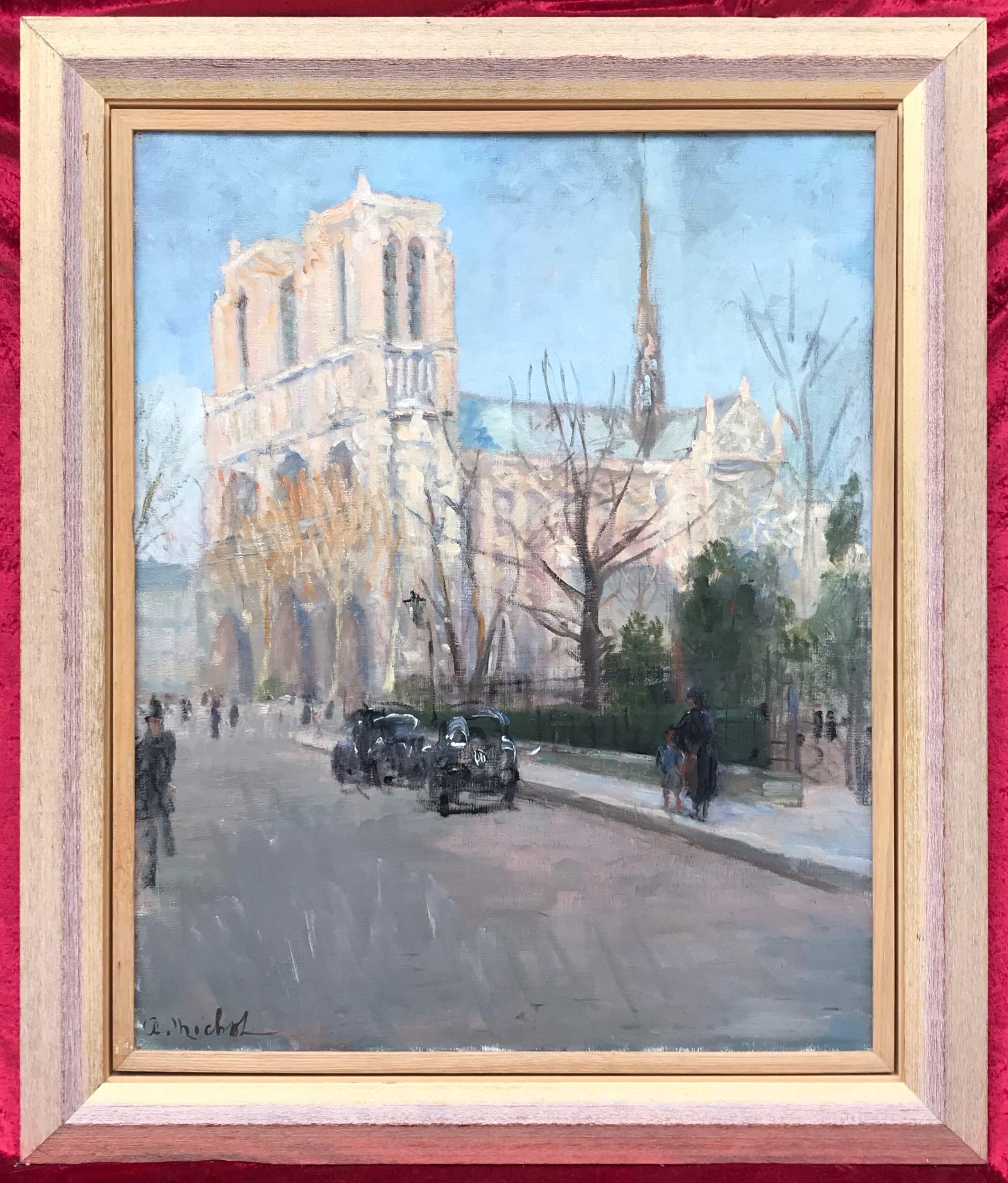 Landscape Painting A. MICHEL - Notre Dame de Paris - Banques de la rivière Seine vers 1935