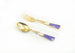 Vergoldetes Sterlingsilber-Emaille-Löffel- und Gabelset von Kortzau für Weihnachten 1995 von A. Michelsen