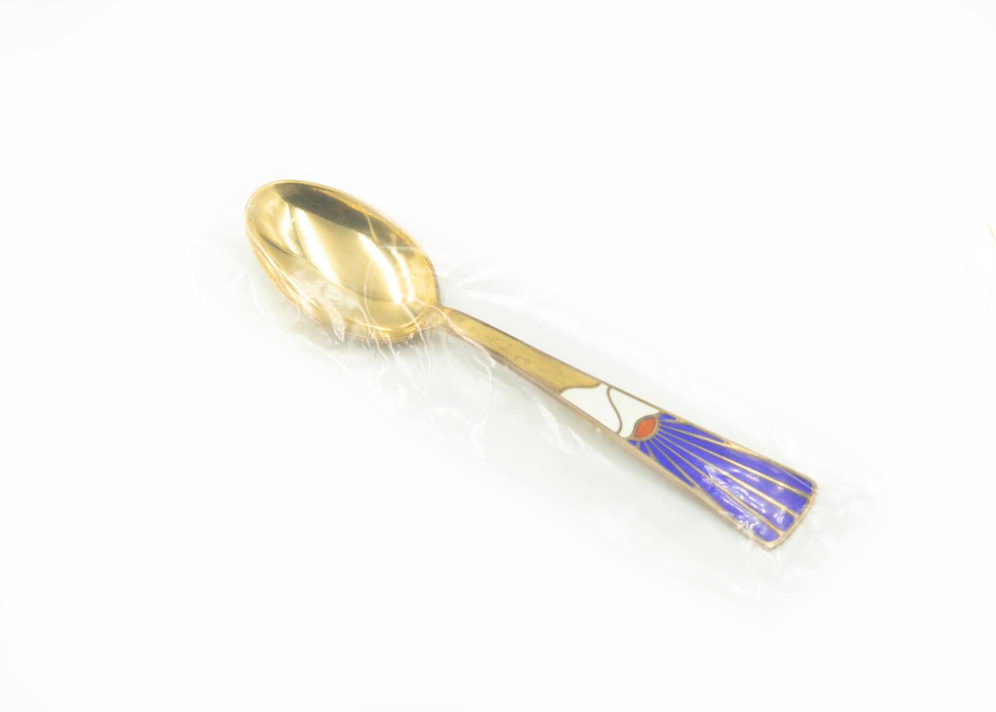 Sterling Silver A. Michelsen Gilt Sterling Enamel Christmas 1995 Spoon and Fork Set by Kortzau For Sale