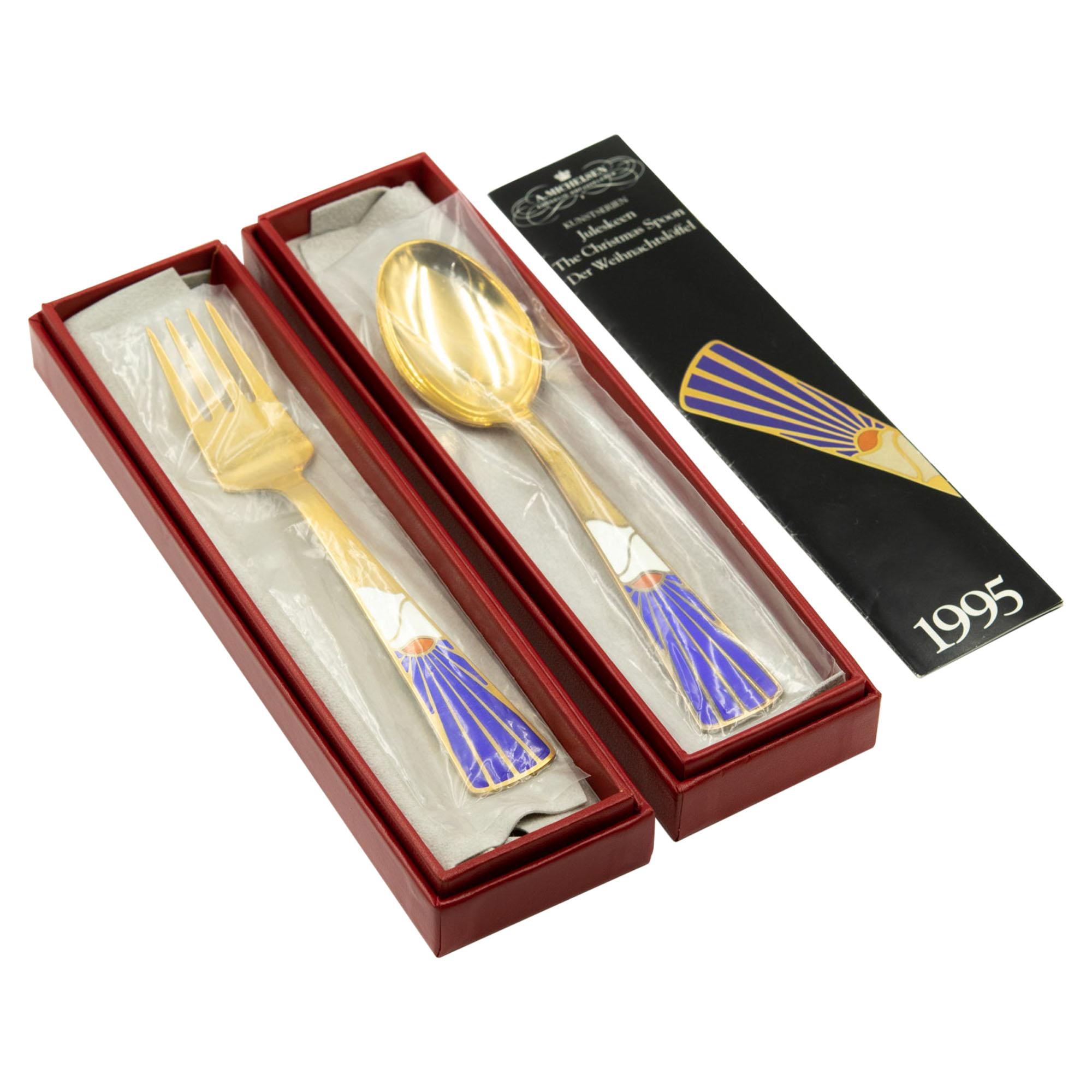 A. Michelsen Gilt Sterling Enamel Christmas 1995 Spoon and Fork Set by Kortzau