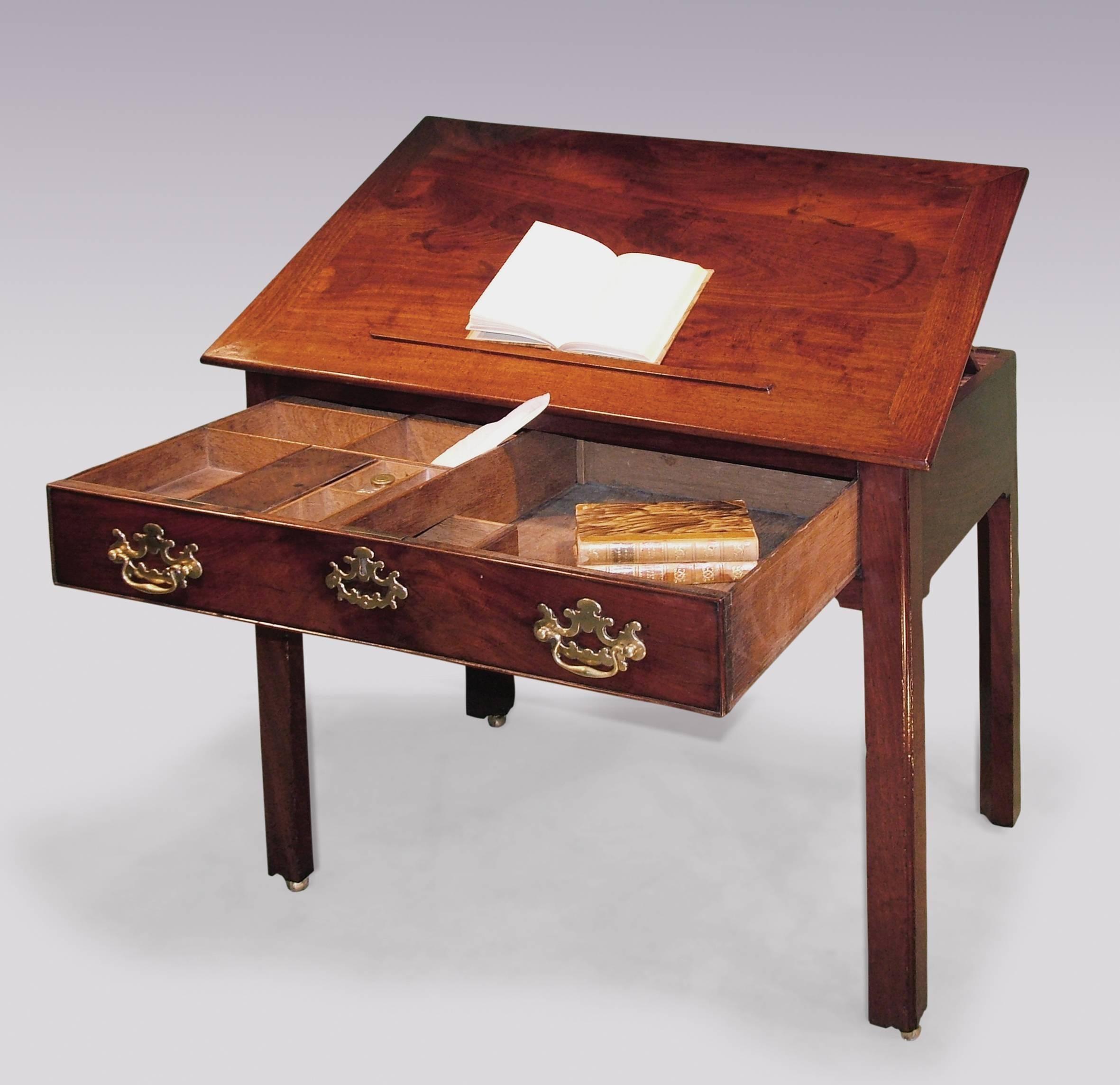 A mid-18th century well figured mahogany architects table having lift up ratchet top with sprung book-rest, above fitted drawer supported on square chamfered legs.