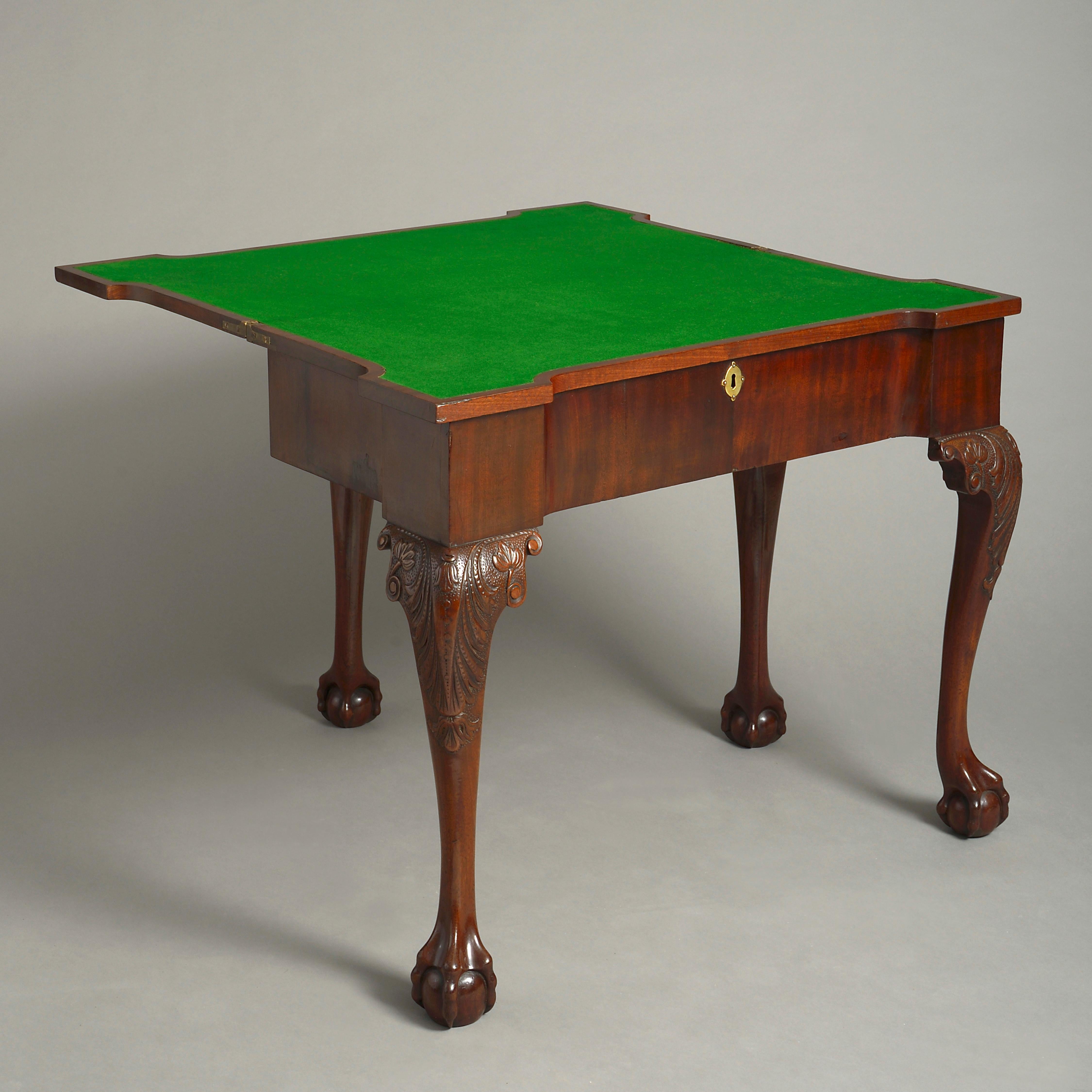 A mid-18th century George II Period mahogany card table of good rich colour, the shaped rectangular top opening to reveal a baize playing surface and also a hidden compartment, all raised upon generous cabriole legs carved with stylised acanthus and