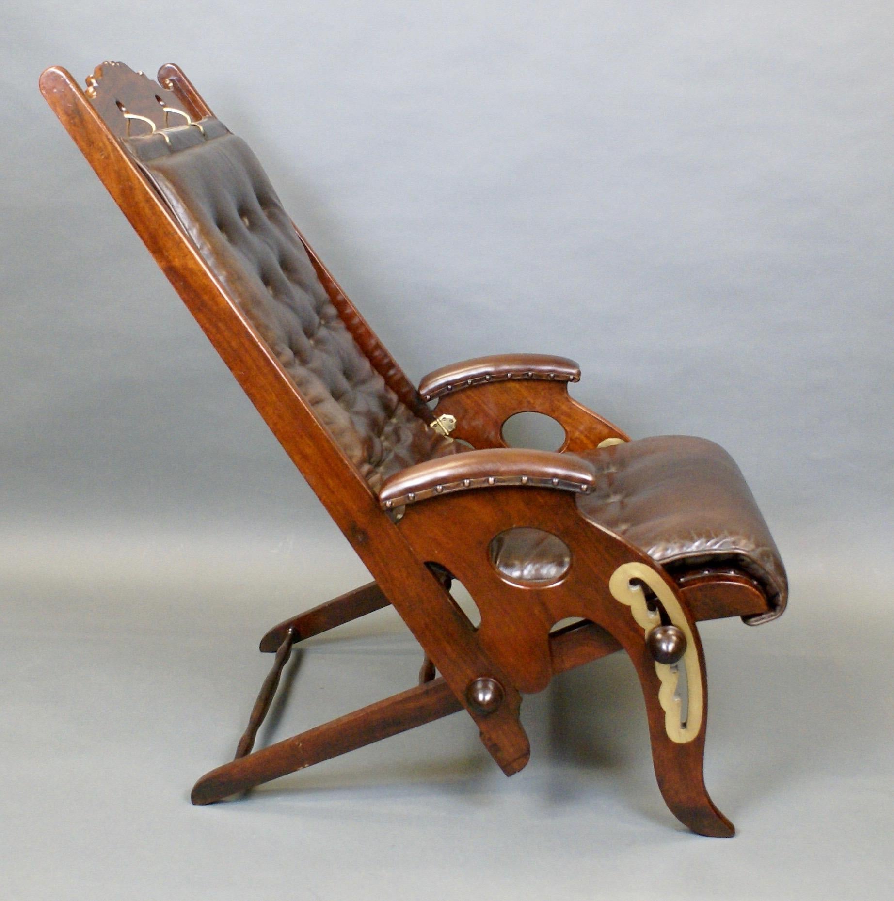 Campaign Mid 19th Century Adjustable Mahogany and Brass Deckchair For Sale