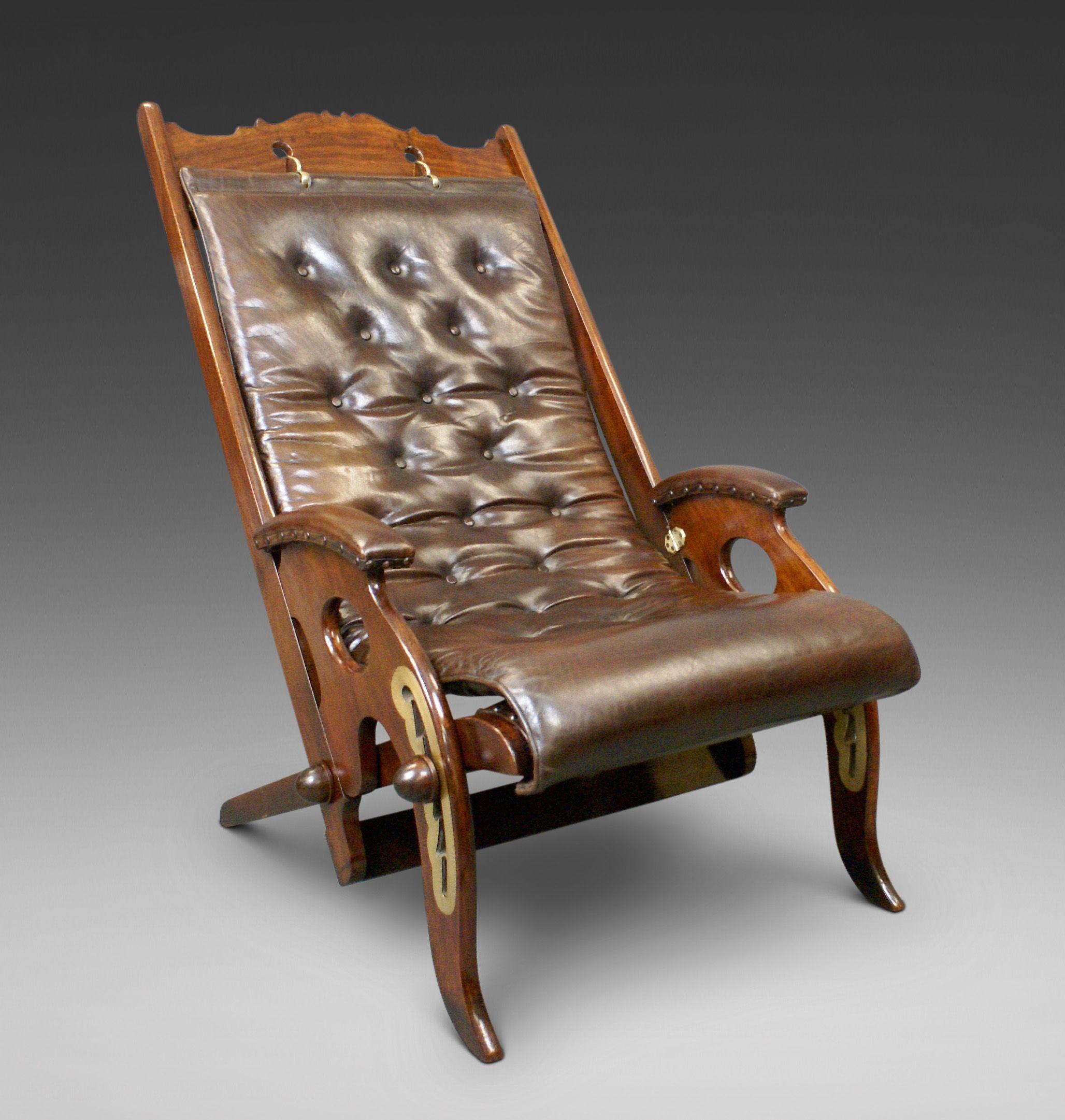 Mid 19th Century Adjustable Mahogany and Brass Deckchair For Sale 2
