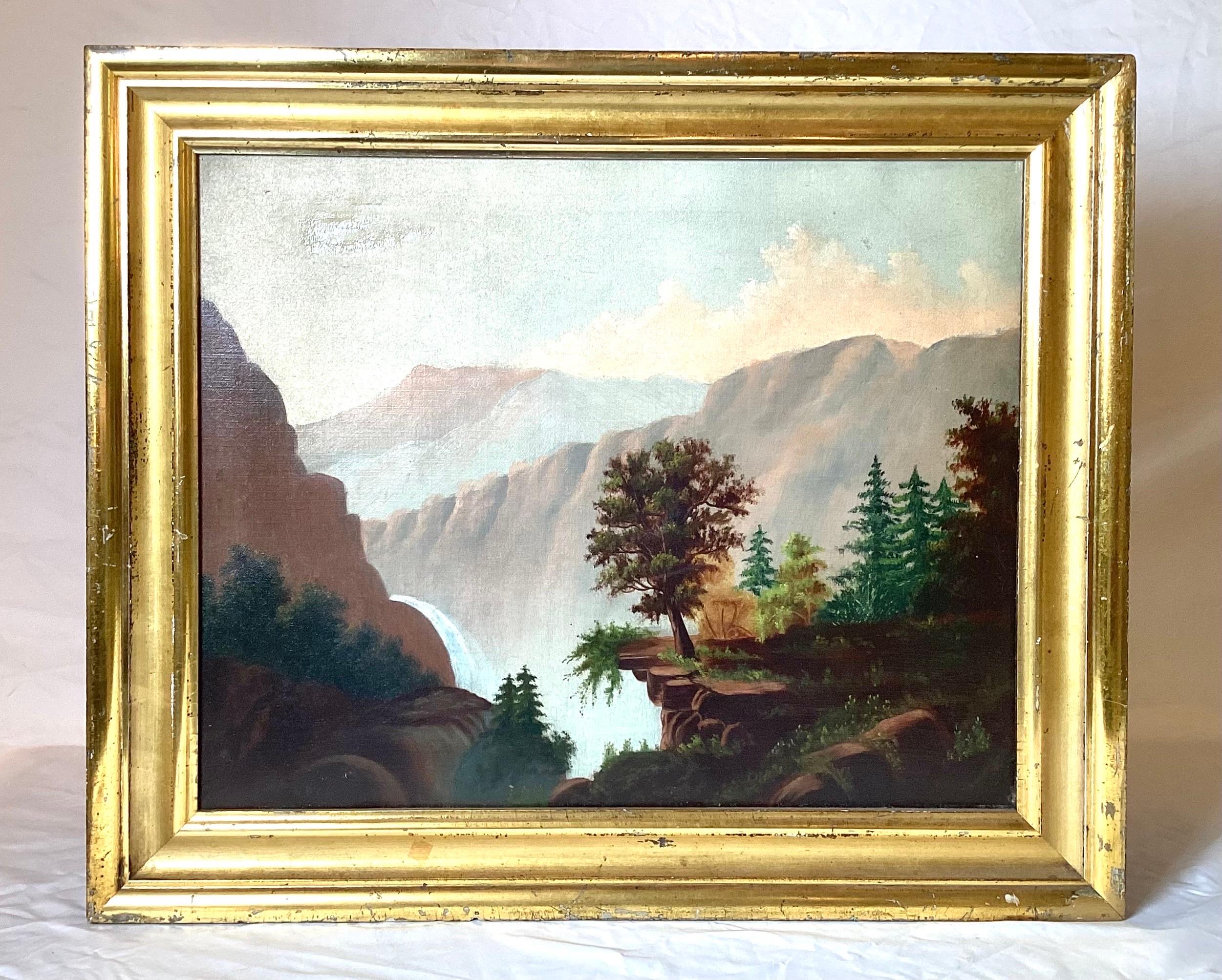 Hudson river school, oil on canvas. A Naïve work (19th century), mountain landscape with waterfall, oil on canvas, unsigned. 
The canvas with typical wear and surface dirt, light stretcher wear and frame abrasion. There is a small compression to the
