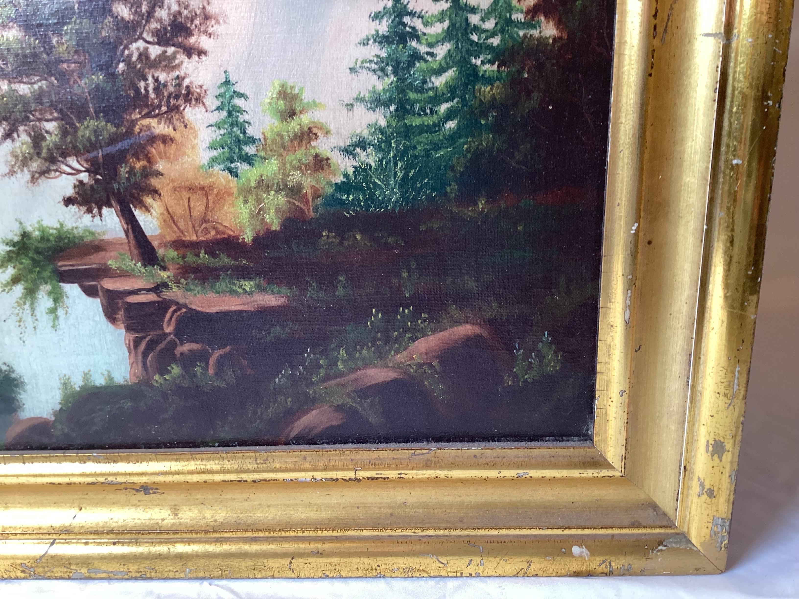Hand-Painted Mid-19th Century Bucolic Scene Oil on Canvas in Original Giltwood Frame For Sale
