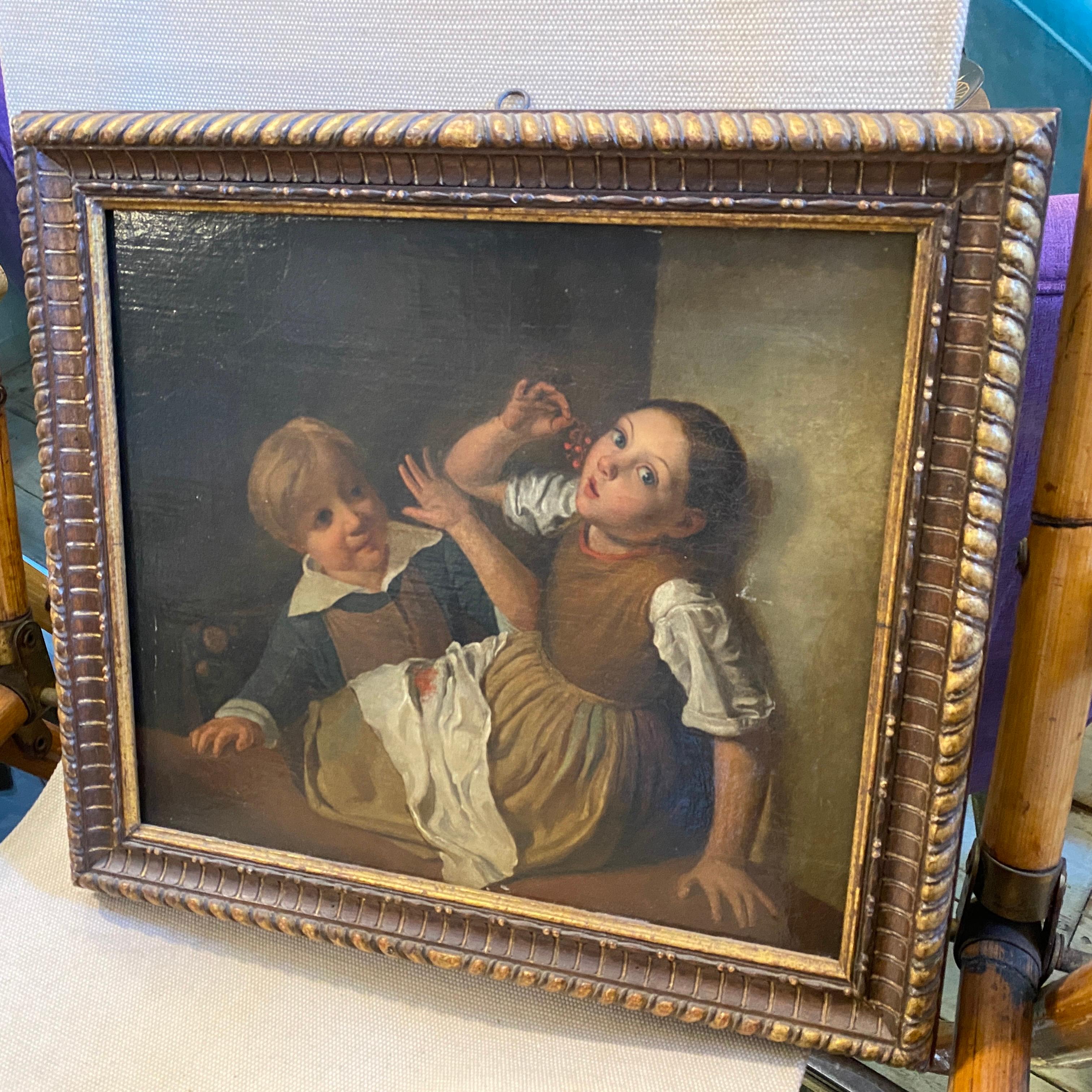 Mid-19th Century Giltwood Framed Painting Depicting Two Childs Eating Grape 8